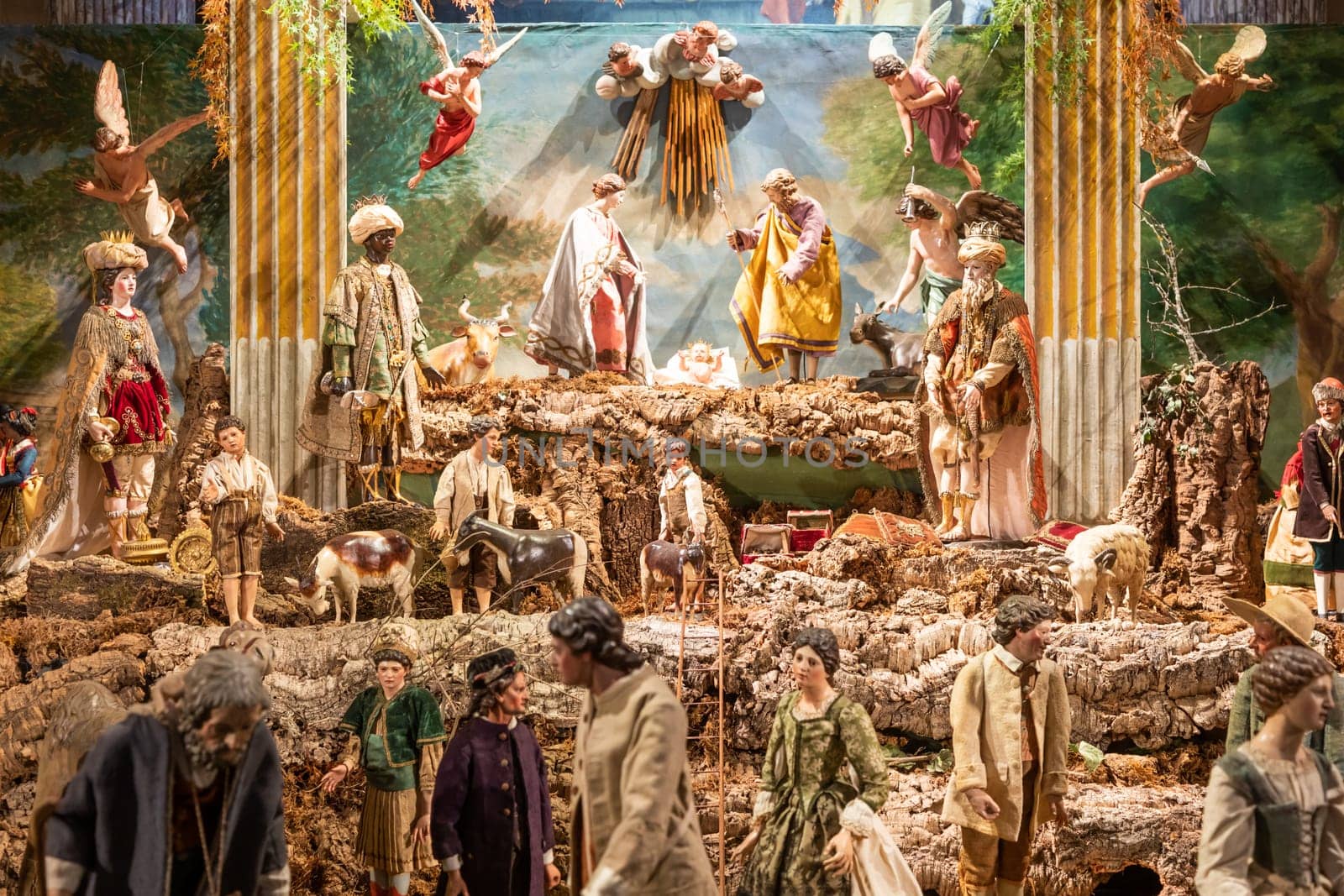 VENARIA REALE, ITALY - Circa January 2022: Italian crib - named presepe - with nativity. Traditional Christmas religious scene.