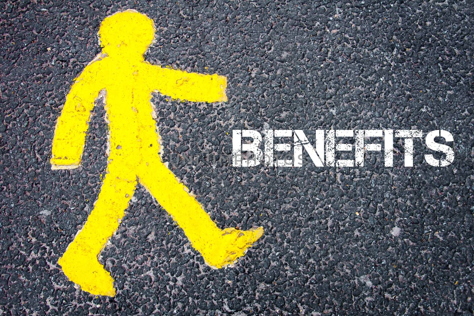 Yellow pedestrian figure on the road walking towards BENEFITS. Conceptual image with Text message over asphalt background.