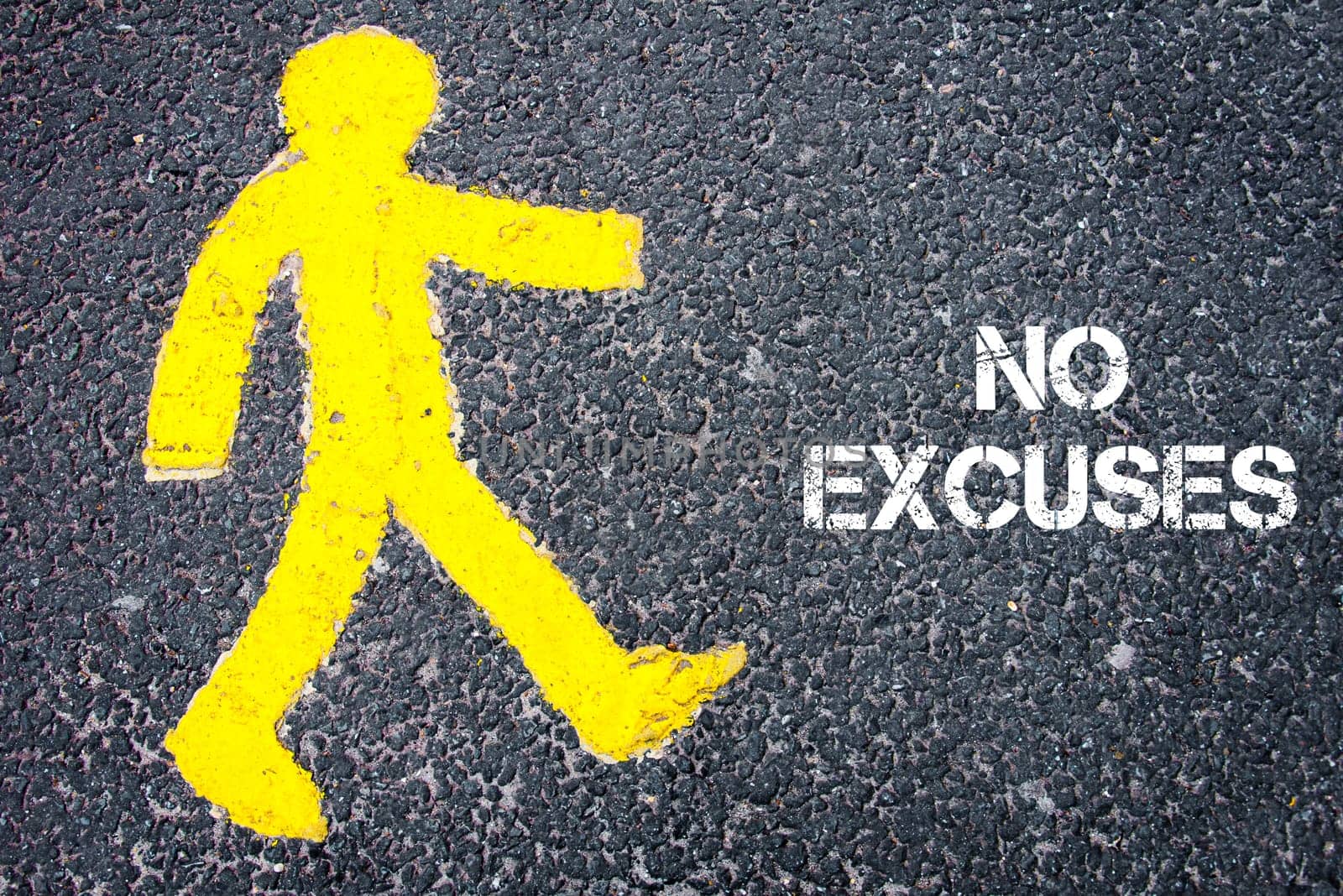 Yellow pedestrian figure on the road walking towards NO EXCUSES. Conceptual image with Text message over asphalt background.