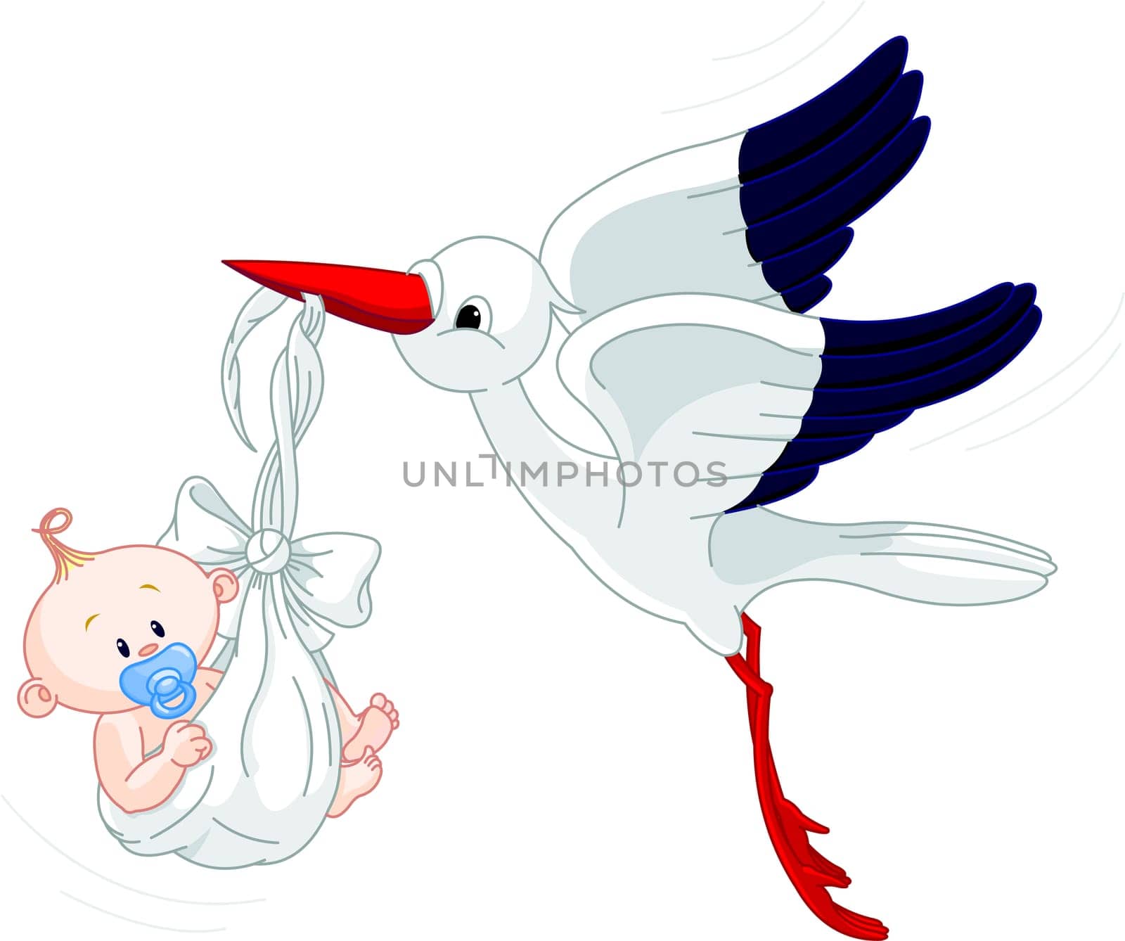 .A cartoon vector illustration of a stork delivering a newborn baby boy