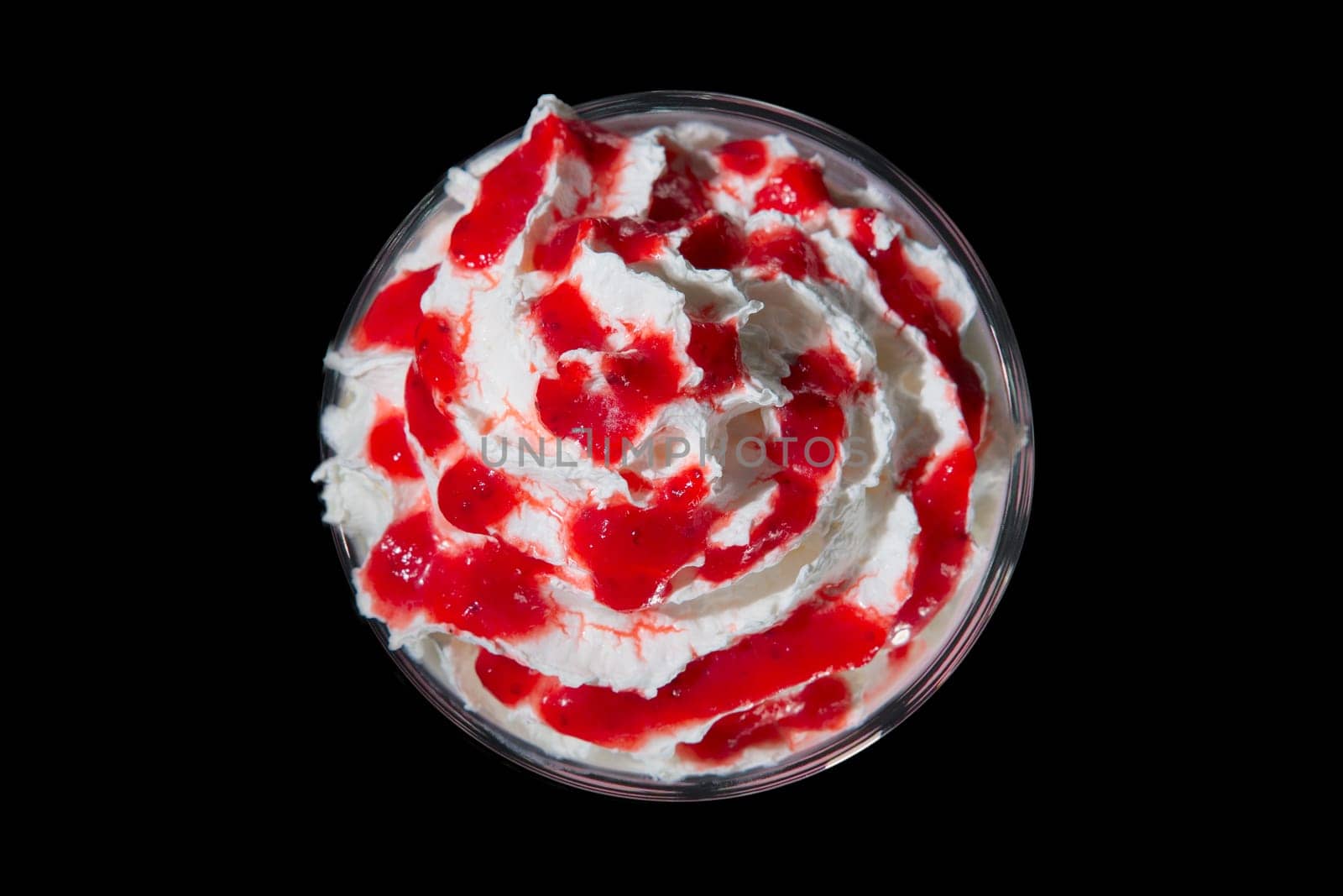 Top view of glass of smoothies isolated on black