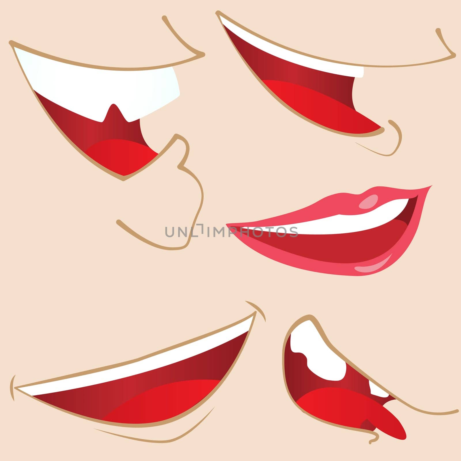 Set of 5 cartoon mouths. Editable Vector Illustration