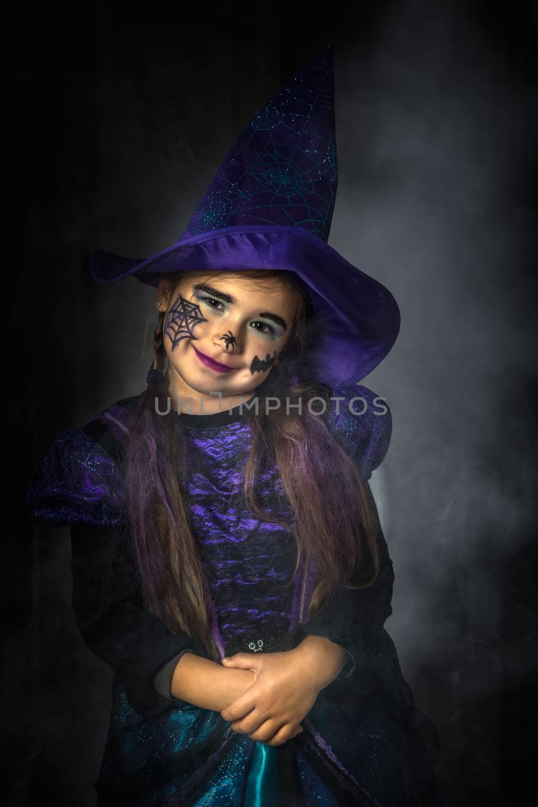 Halloween holiday portrait of a young girl stylised for wicked witch in a purple and black dress on black background with smoke