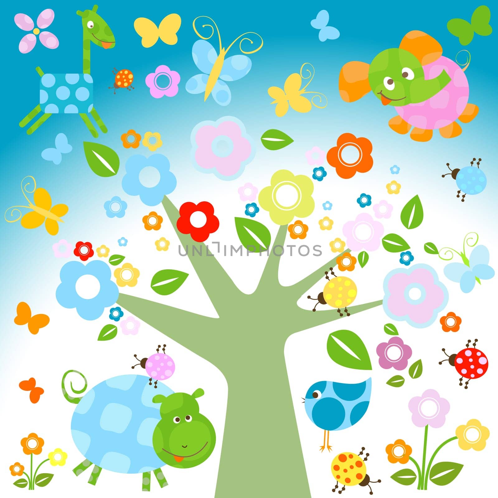 nature background with flowers and animals
