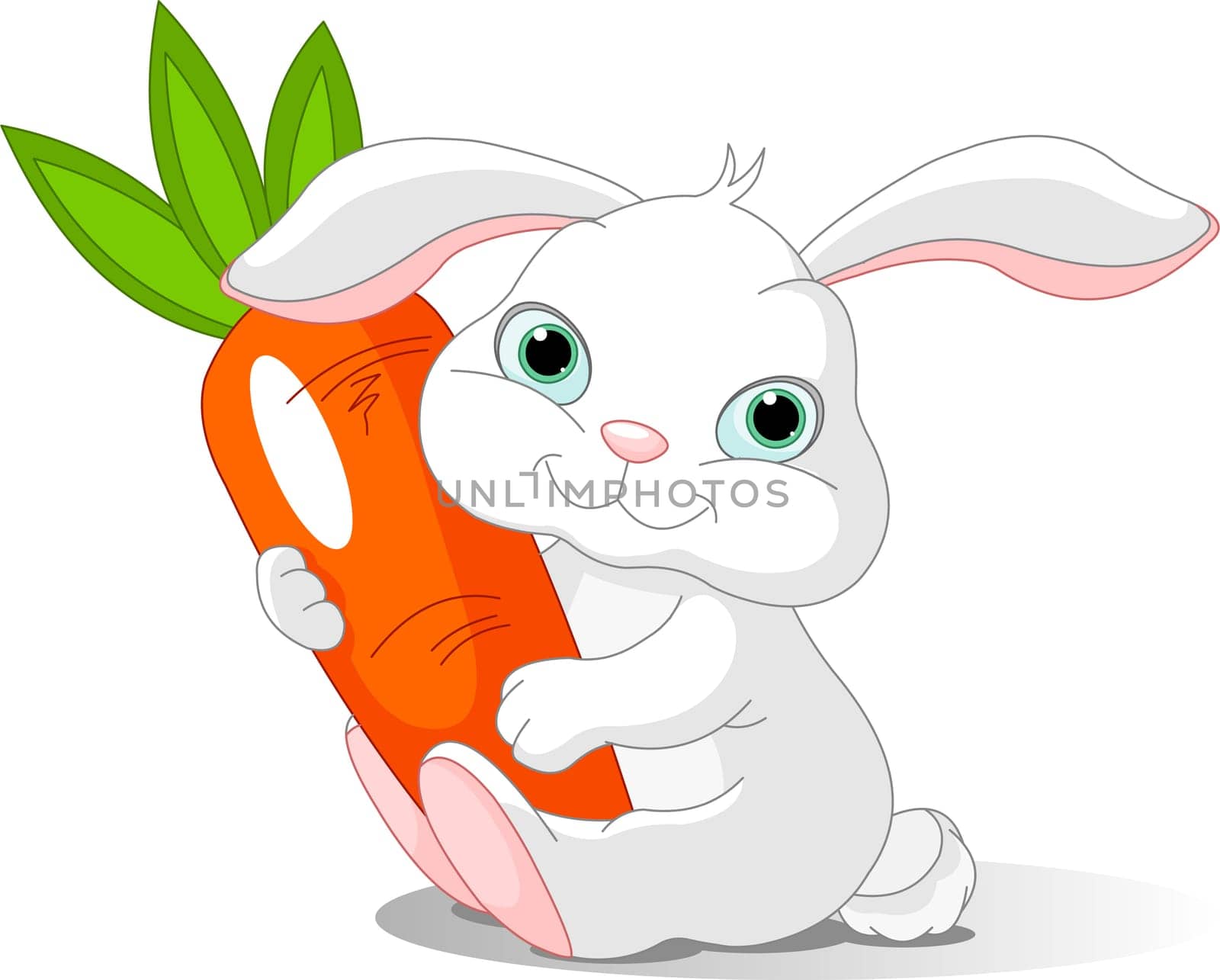 Small lovely rabbit holds giant carrot