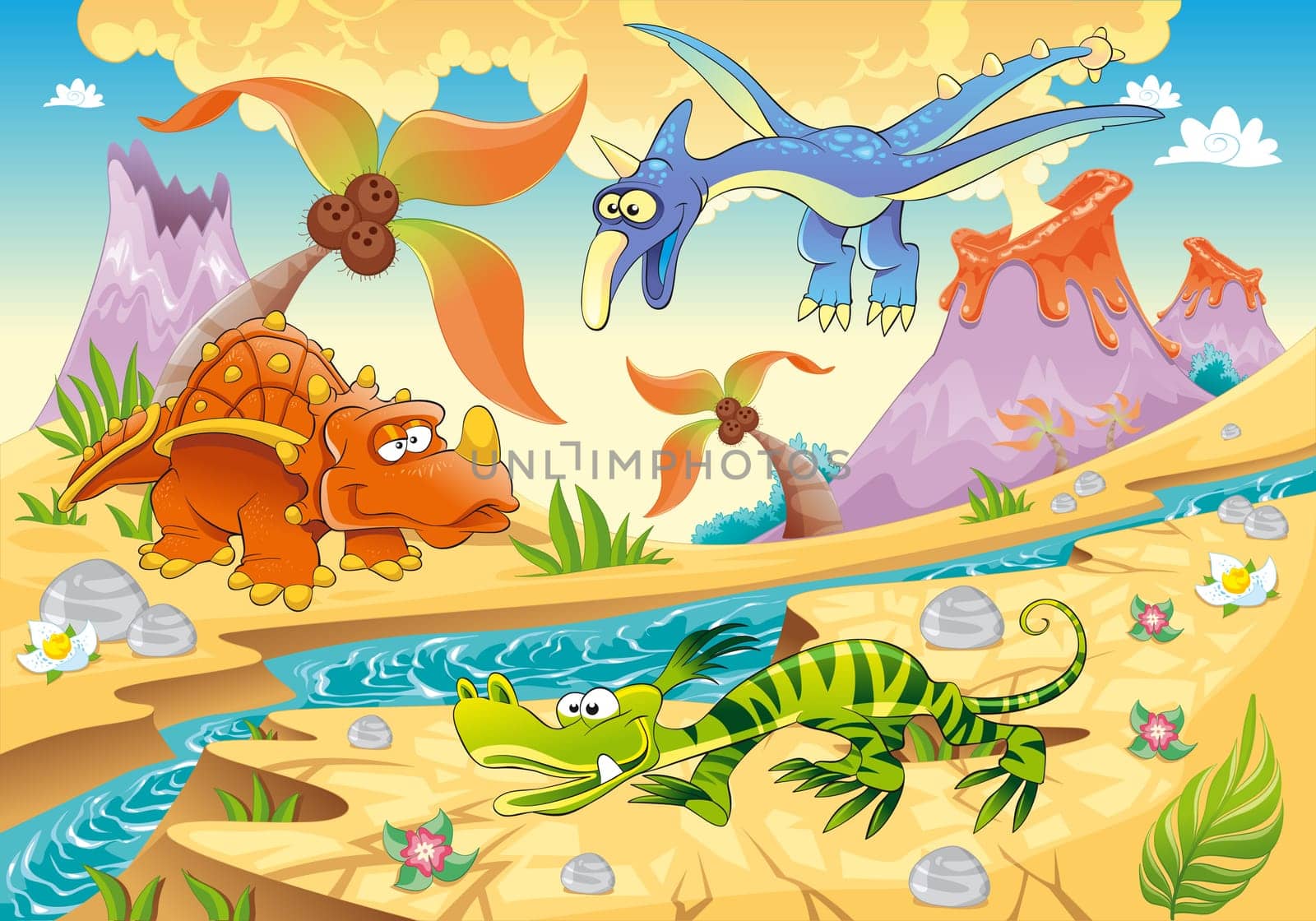 Monsters Dinosaurs with prehistoric background. Cartoon and vector illustration