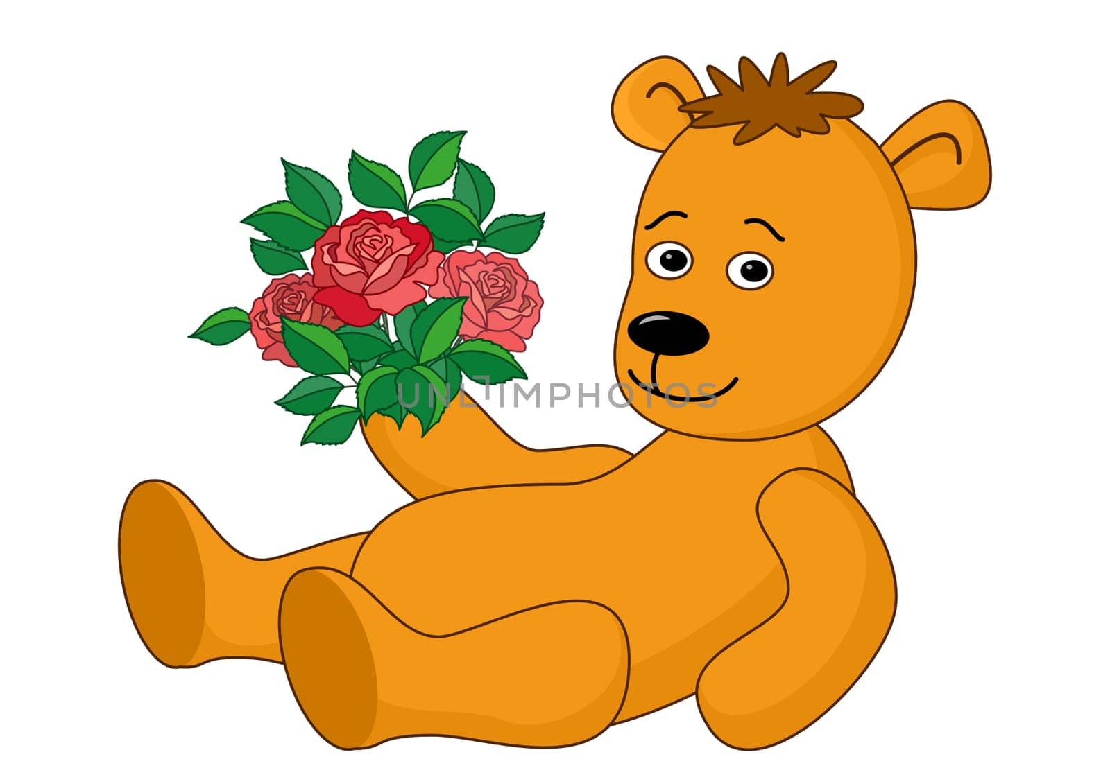 Teddy-bear laying, looking on viewer and holding in his paw a bouquet of roses