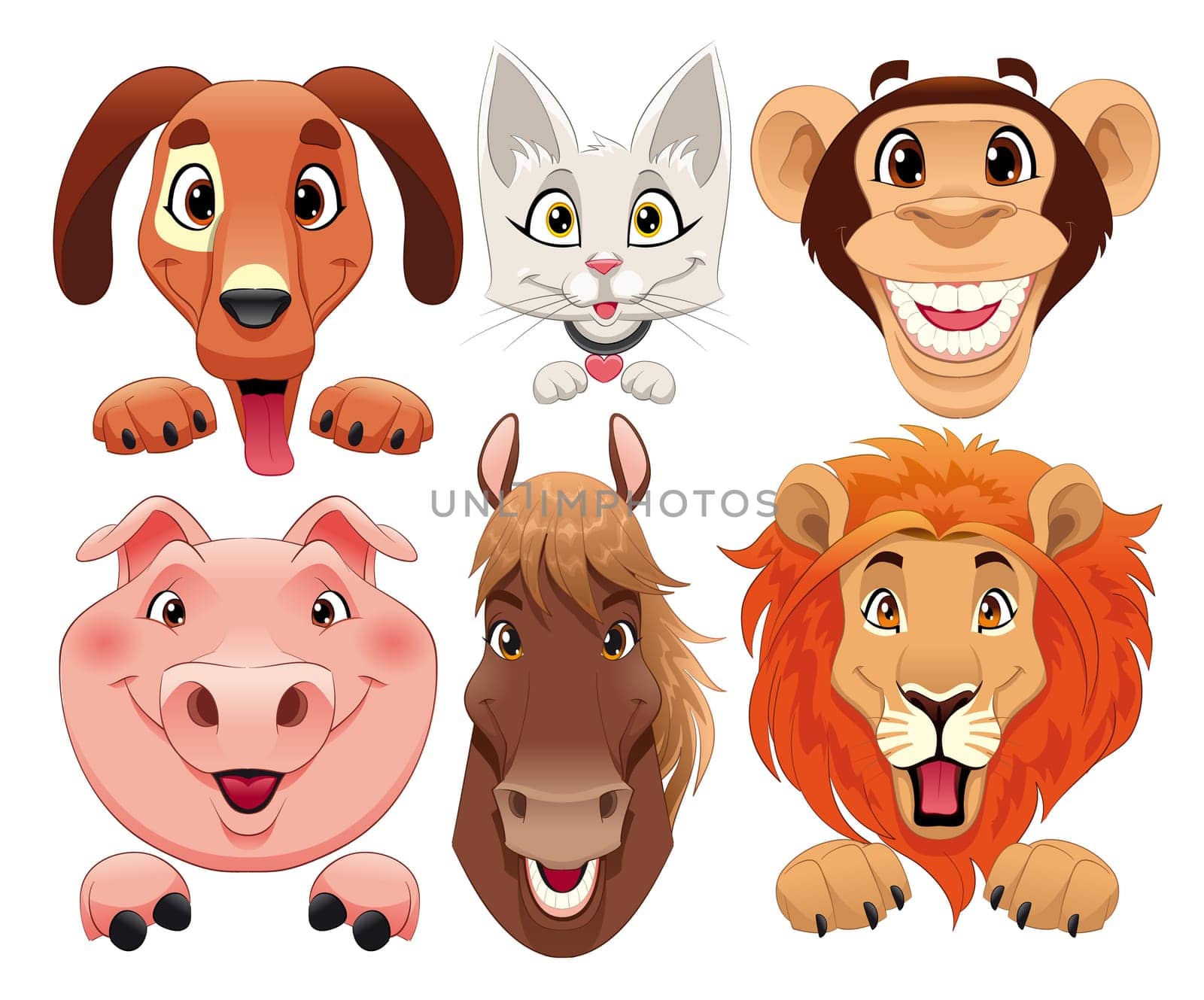 Animals portrait. Funny cartoon and vector isolated characters.