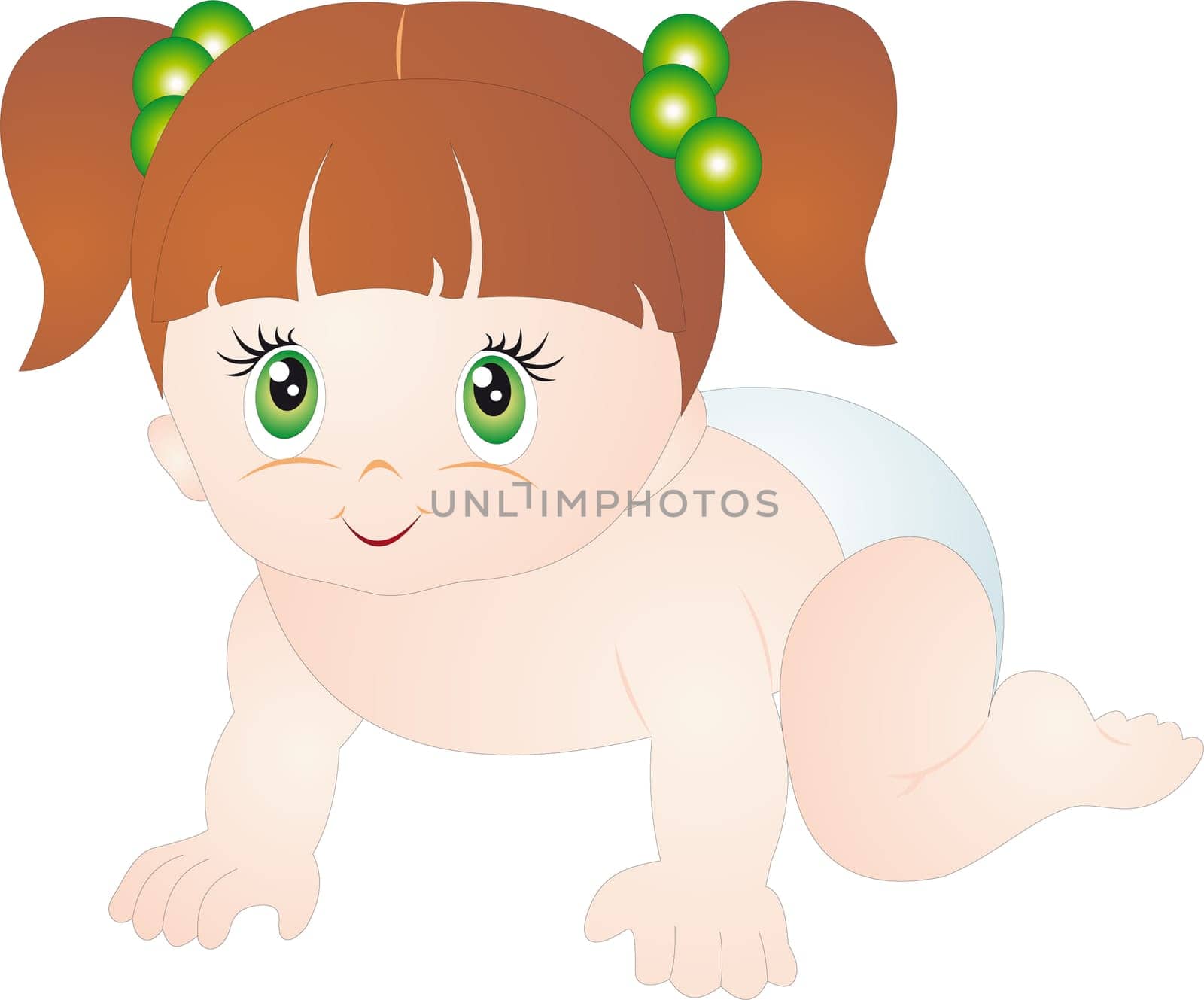 Bright picture of crawling baby girl in diaper . Vector isolated on white background