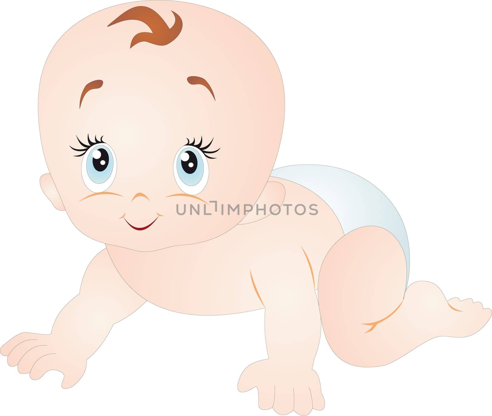 Bright picture of crawling baby in diaper. Vector isolated on white background