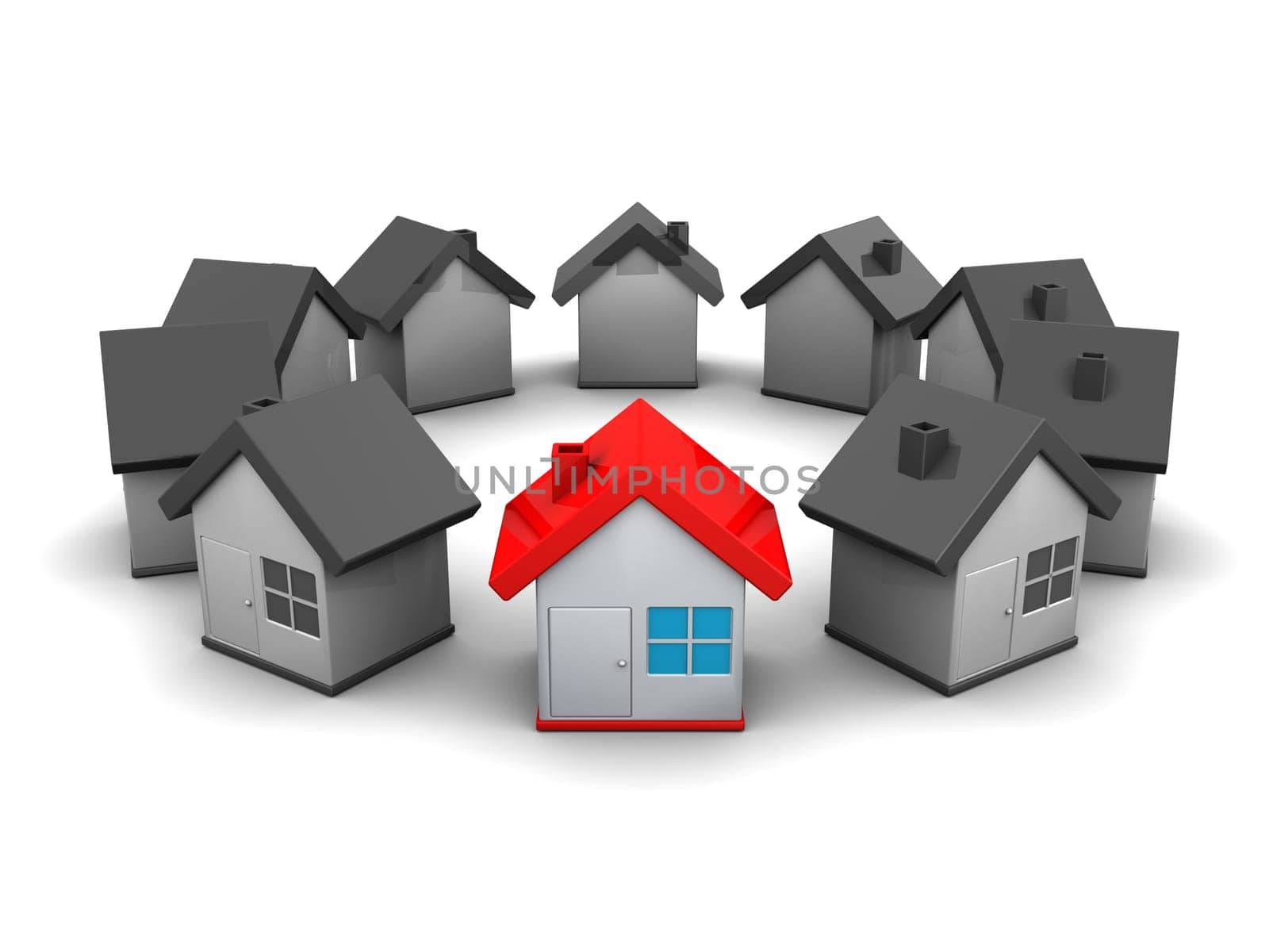abstract 3d illustration of small houses ring, over white background