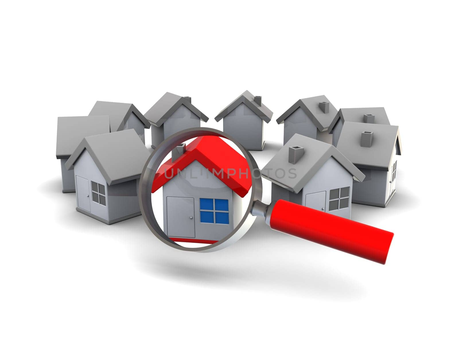 3d illustration of houses ring and magnify glass, search for home concept
