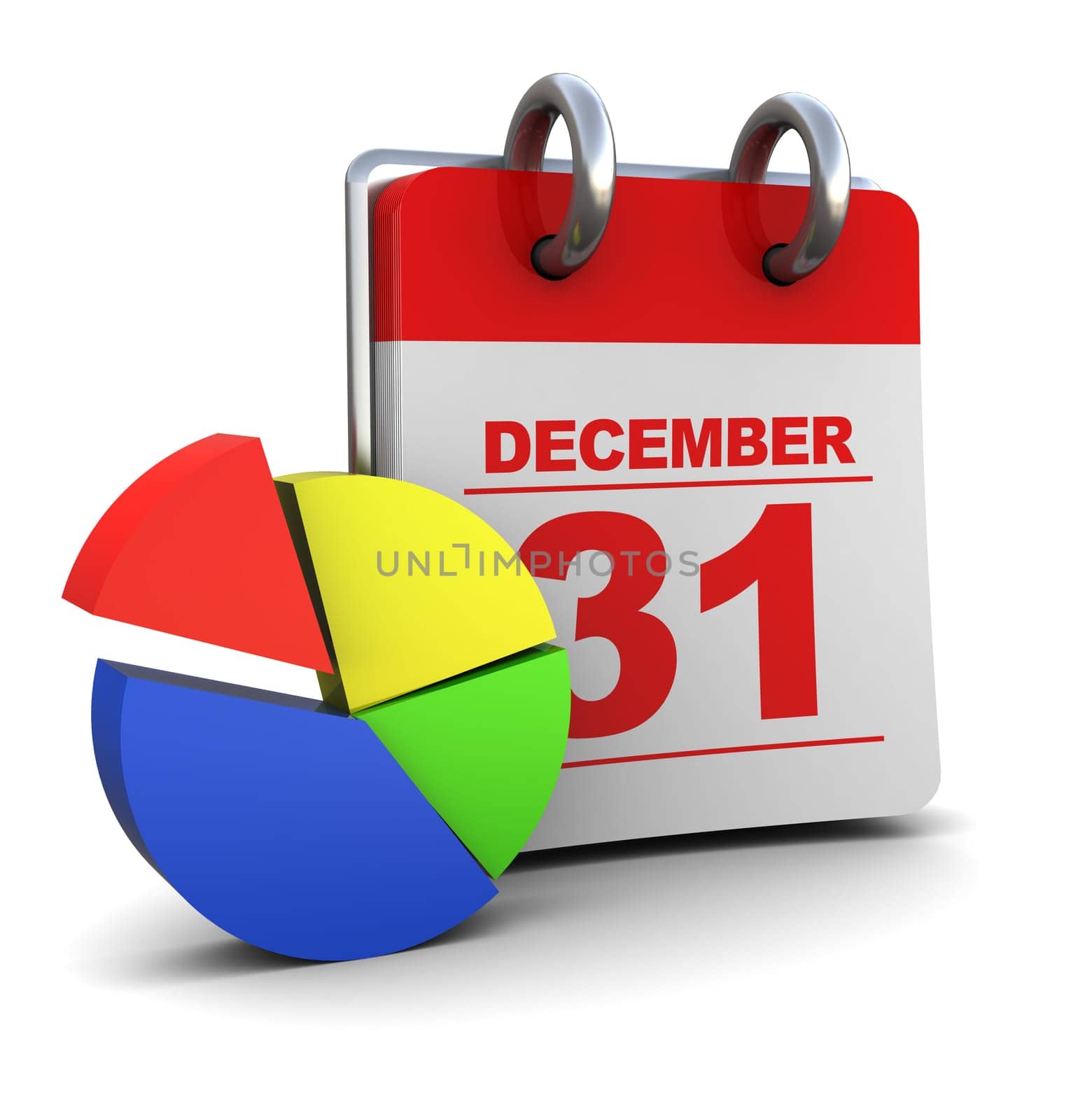 3d illustration of calendar and pie chart, year analyzing concept