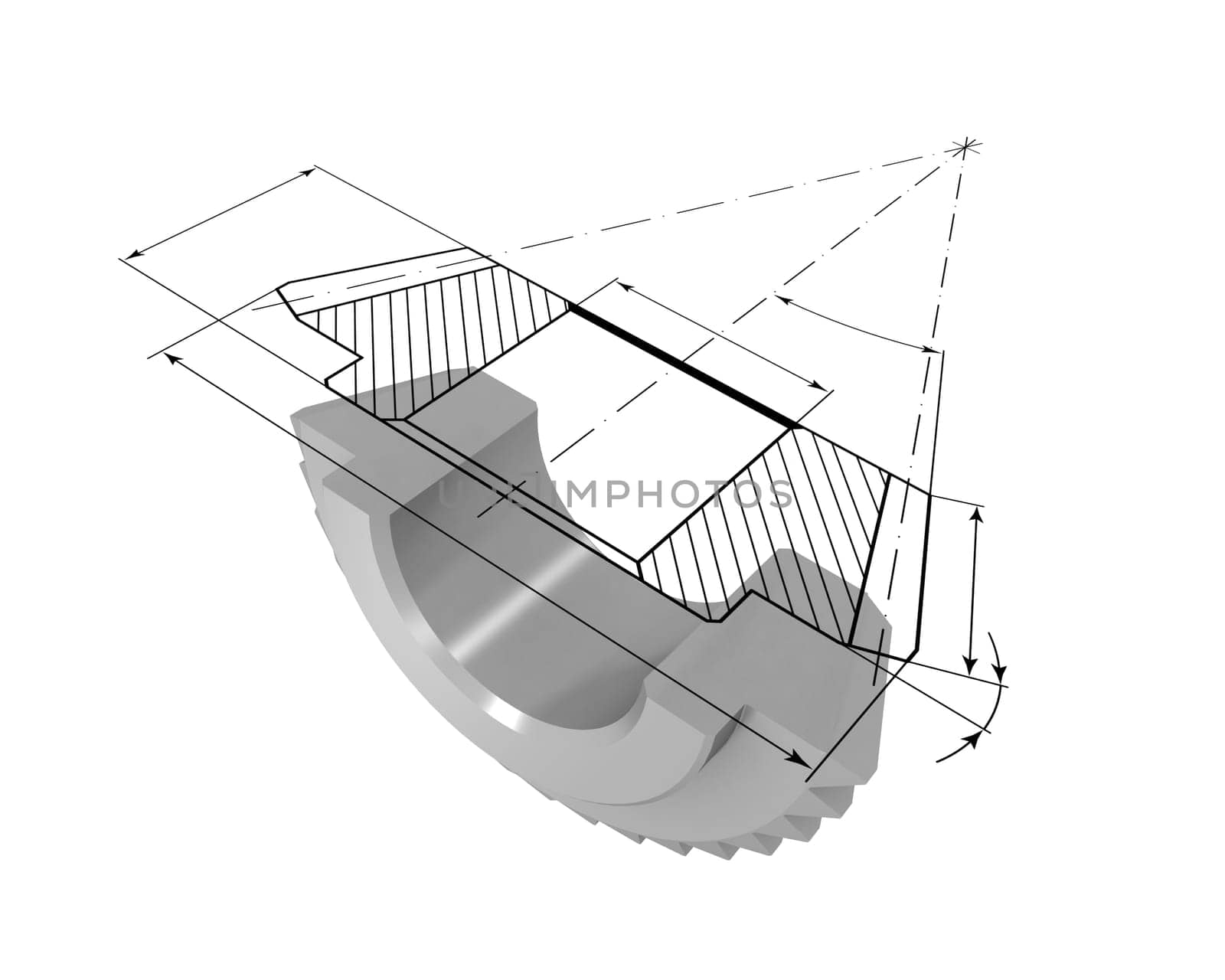 Three-dimensional model bevel gear in the section. On top of the model is projected onto the drawing.