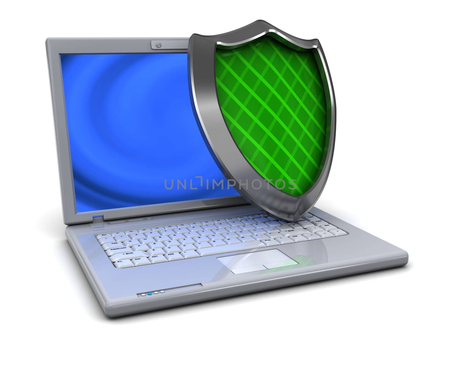 3d illustration of laptop computer protected by shield