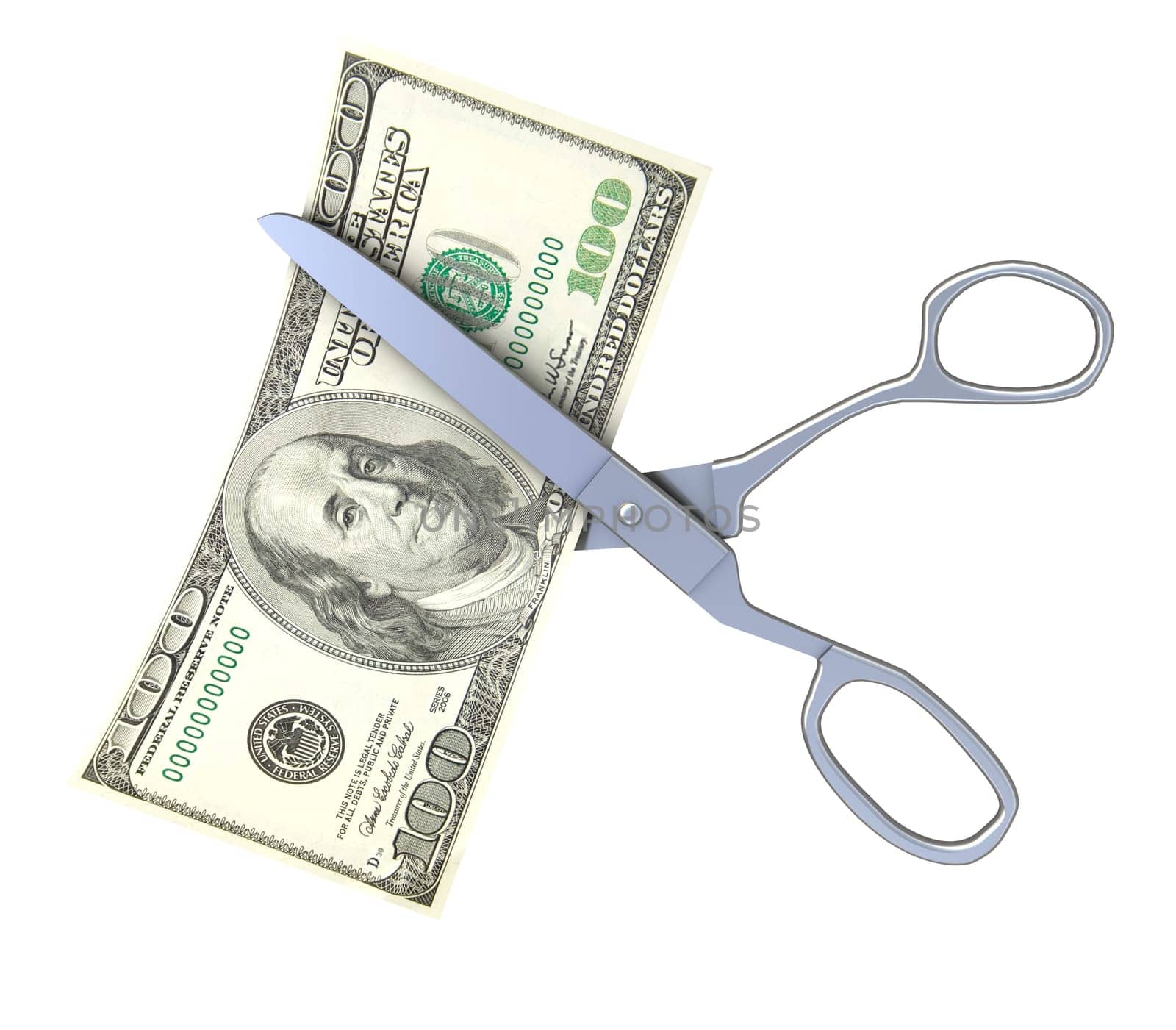 3d illustration of scissors cutting dollar banknote