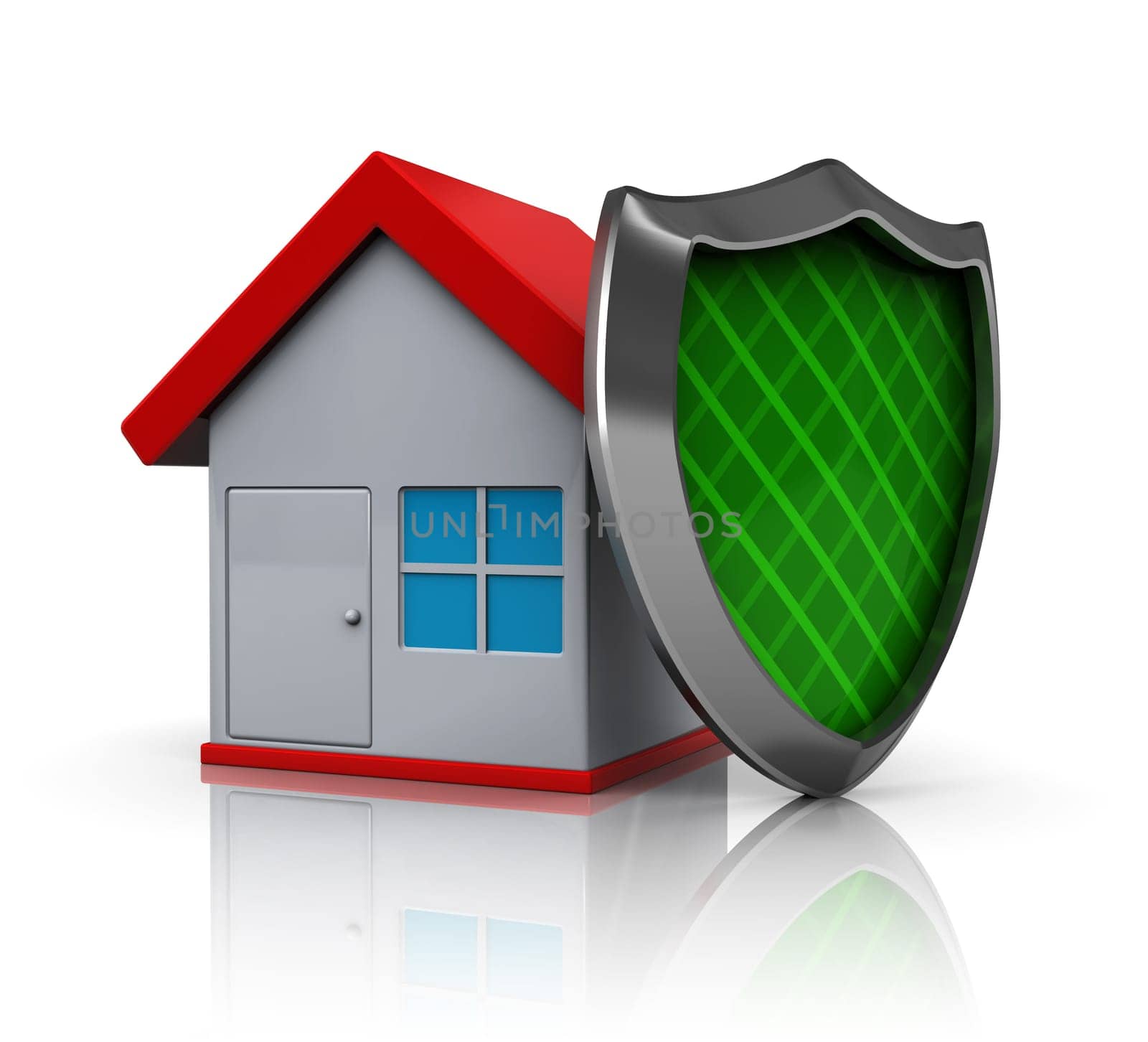 3d illustration of house protected by shield, over white background
