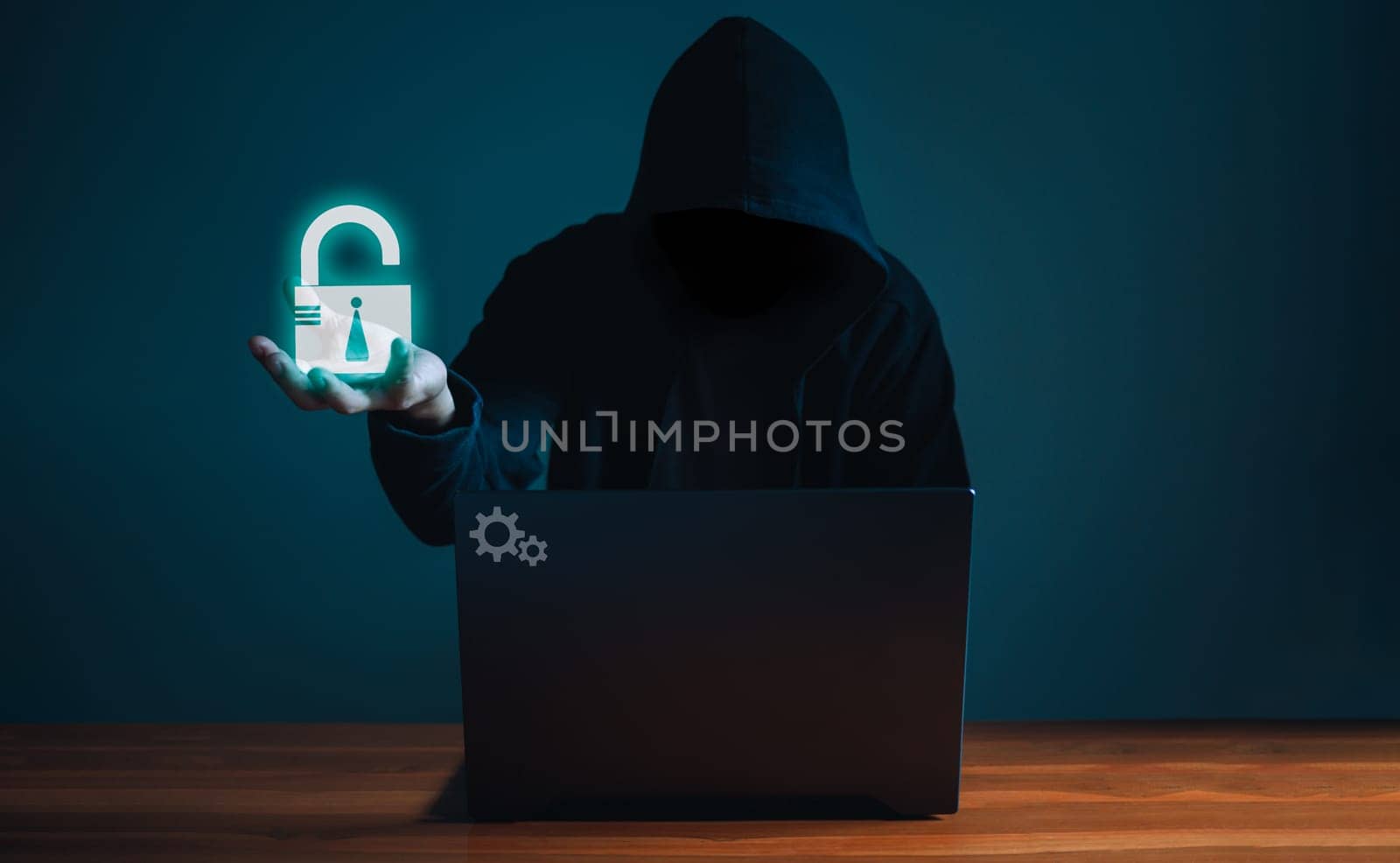 Hackers work on laptops in the dark. The concept of information security in the Internet network and information espionage.