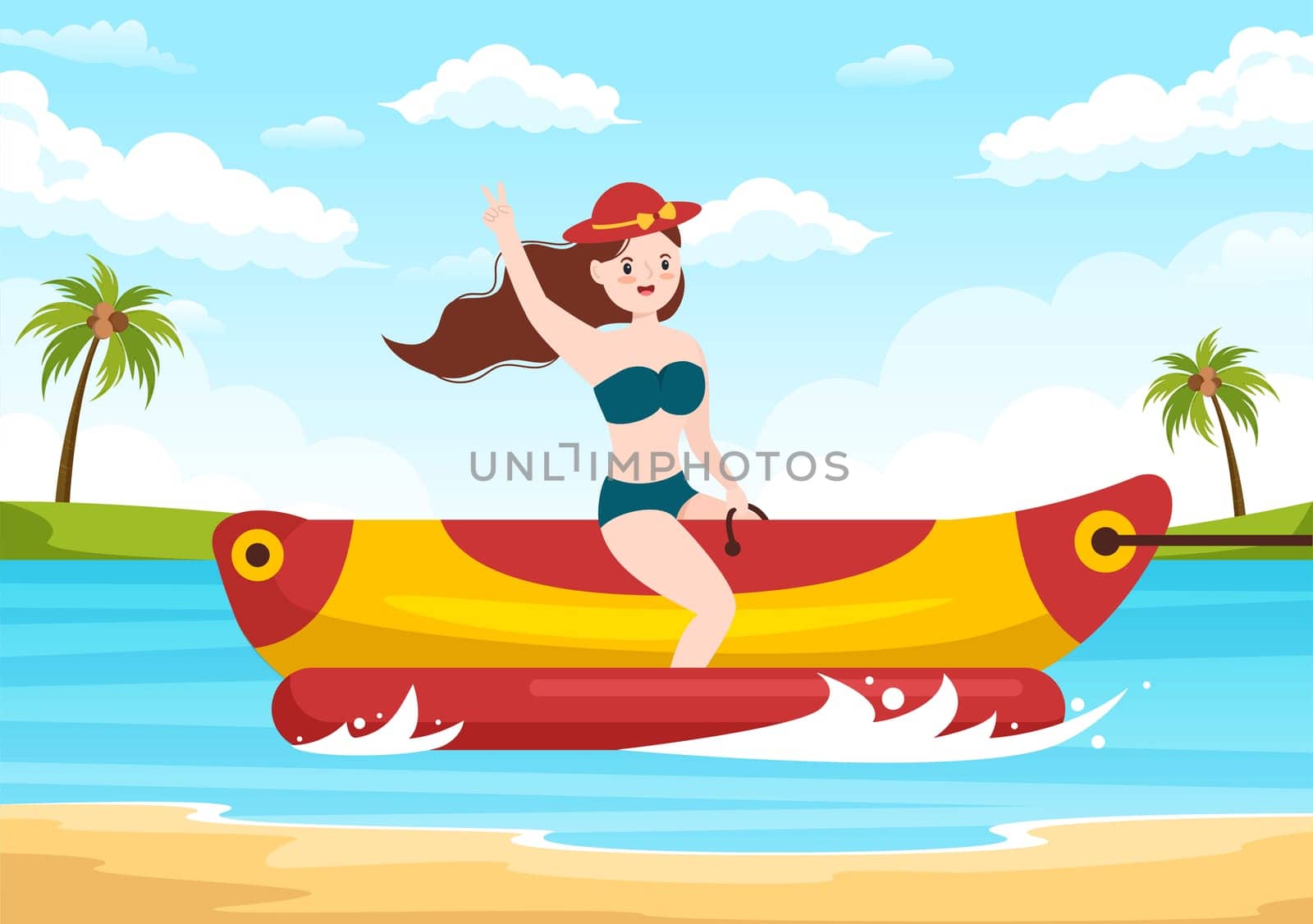 Playing Banana Boat and Jet Ski Holidays on the Sea in Beach Activities Template Hand Drawn Cartoon Flat Illustration