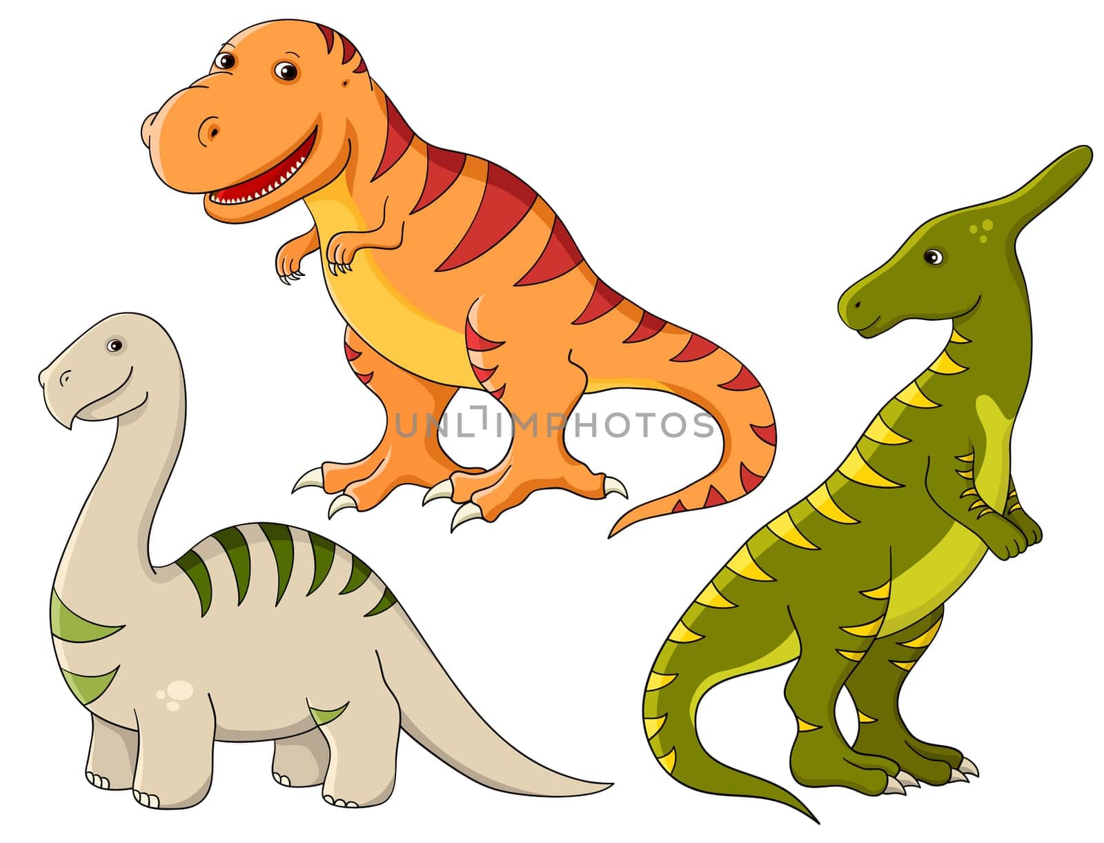 Vector set - funny dinosaurs. Tyrannosaurus, brontosaurus and saurolophus
