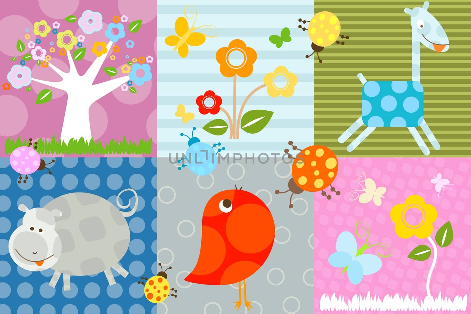 nature background with flowers and animals
