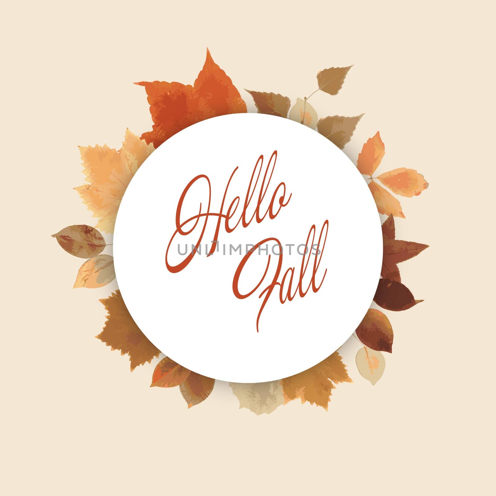 White blank round sign with autumn leaves on a sand beige background, seasonal background, illustration