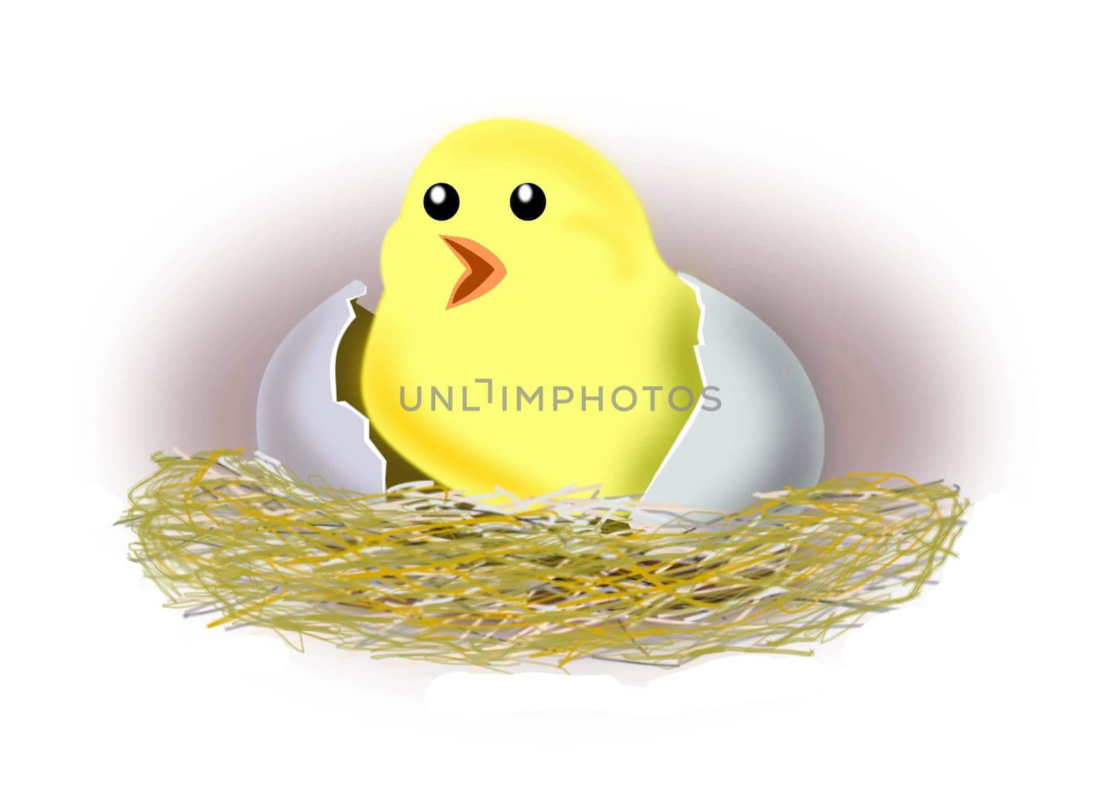 A chicken coming out of an egg.