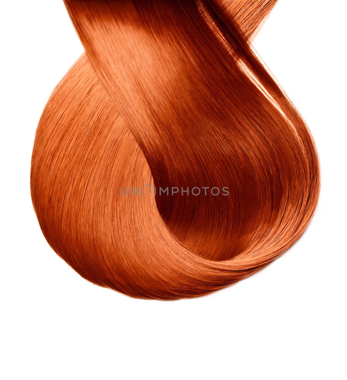 Red dyed hair lock sample isolated over white background.