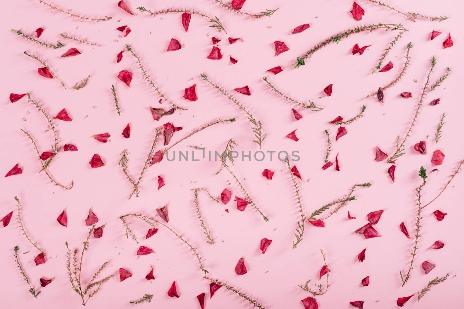 Floral pattern with flowers and petals over pink background. Flat lay. Valentine's day design from above.