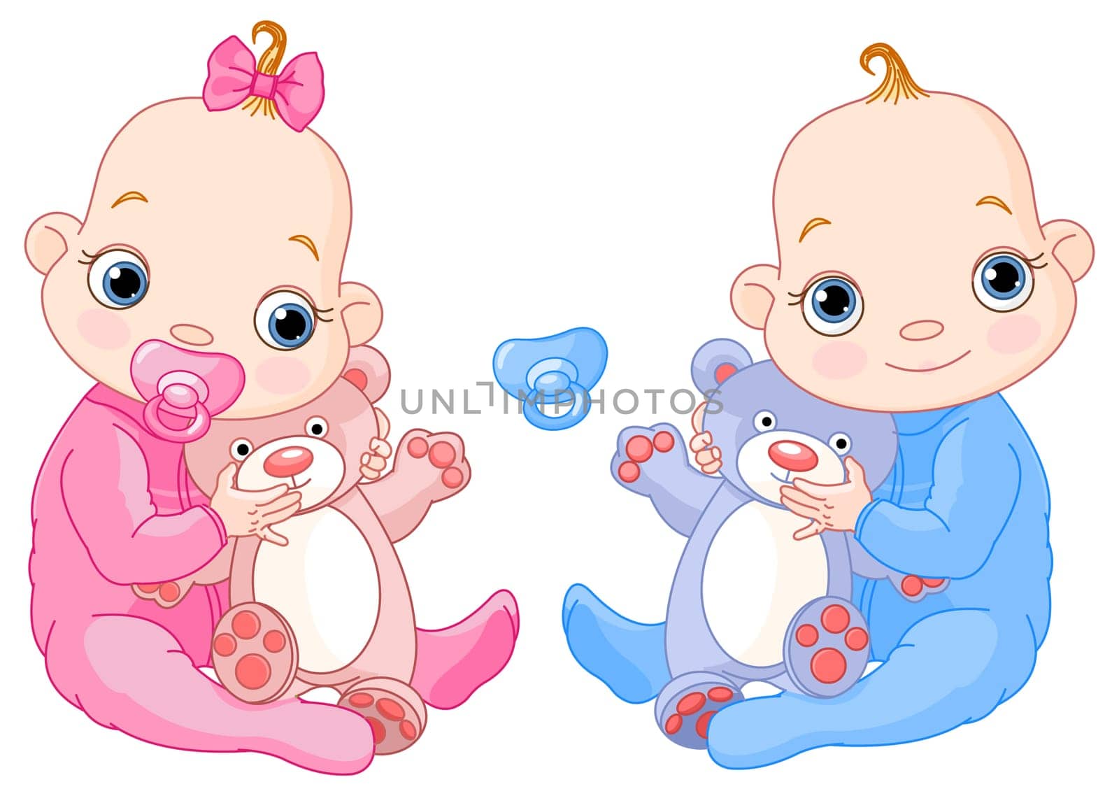 Illustration of Cute twins with toys. You can easily add or remove the pacifier to each of them
