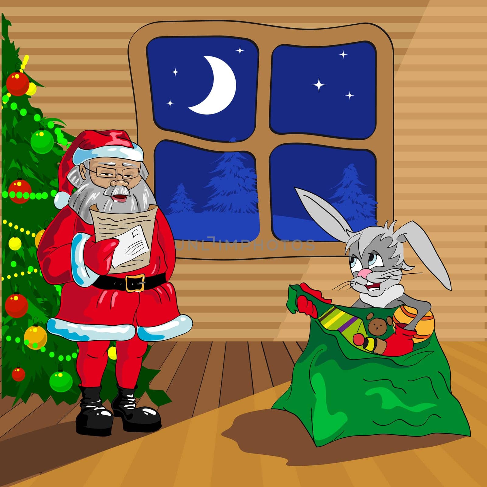 Christmas rabbit with bag of gifts. Illustration in vector format EPS.