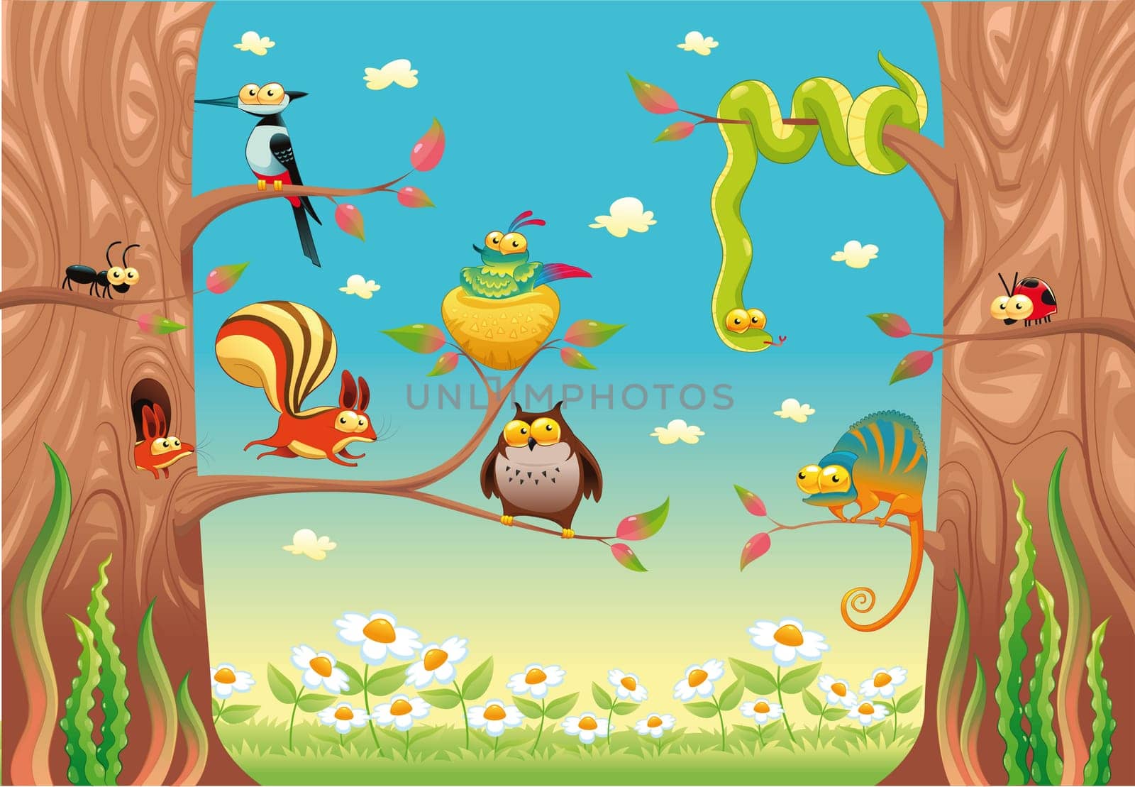 Funny animals on branches. Cartoon and vector scene, isolated objects.