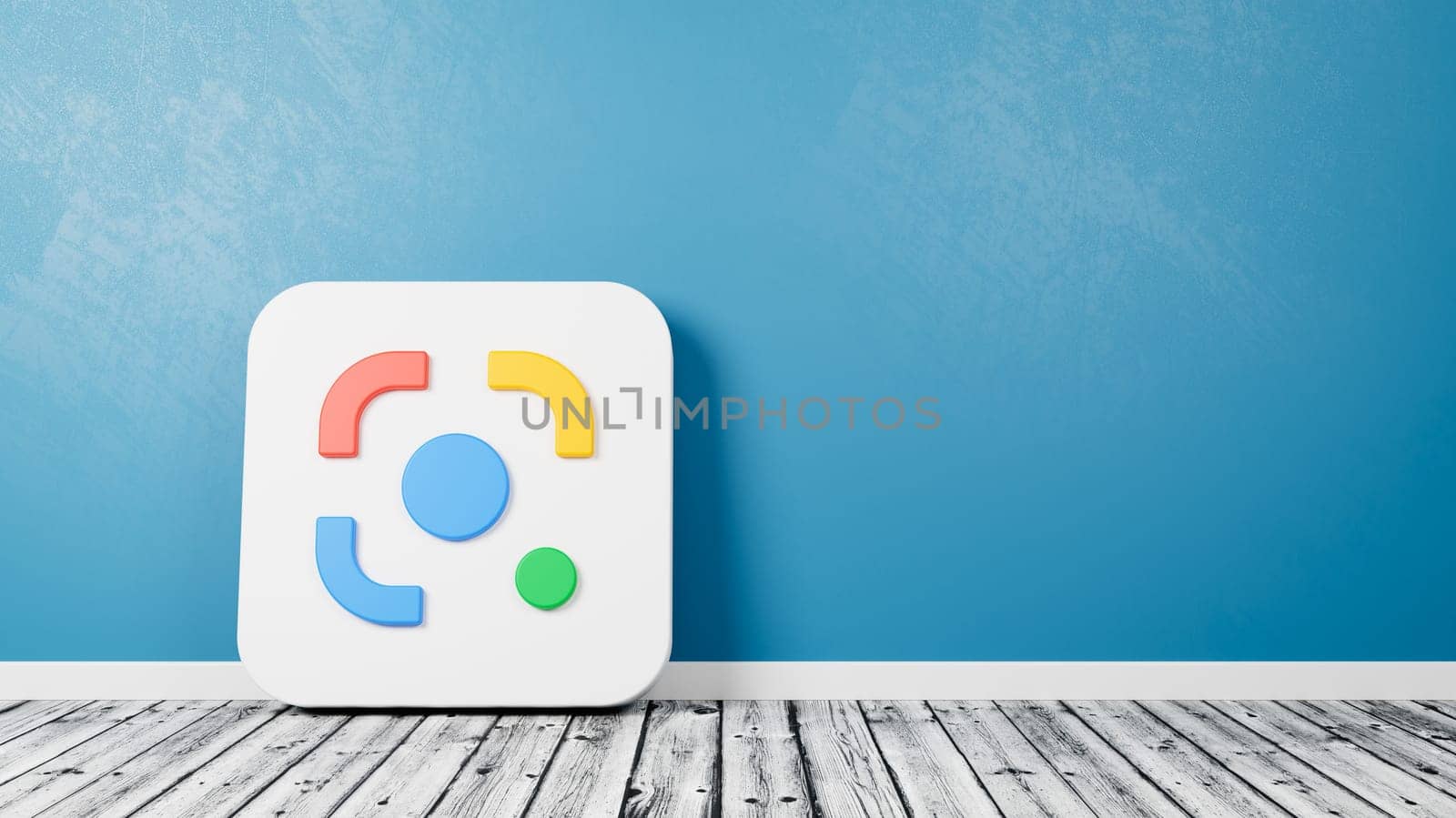 Google Lens Logo 3D Symbol Shape on Wooden Floor Against Blue Wall with Copy Space 3D Render Illustration