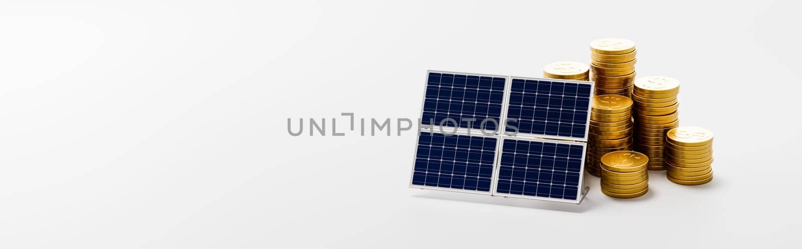Solar Panel ahead of Stacks of Golden Coins on Light Gray Background with Copy Space 3D Render Illustration