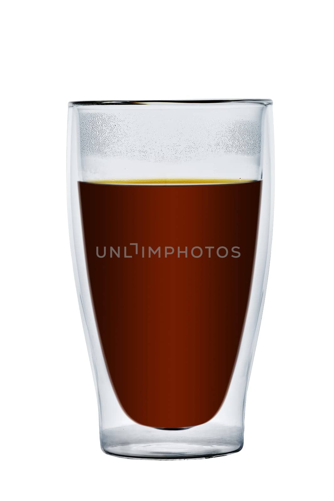 Double wall tall glass cup with hot coffee isolated on white background