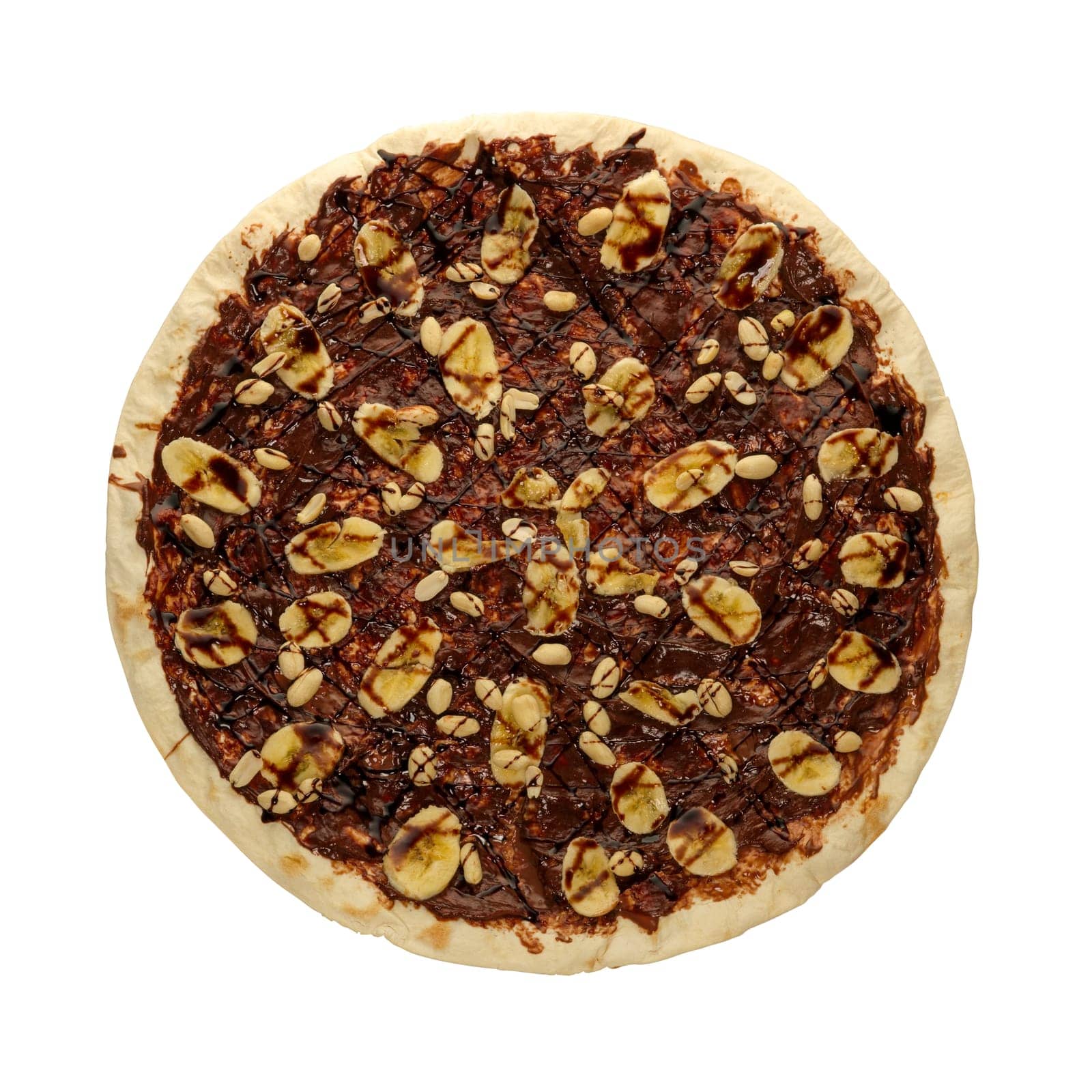 Sweet flat cake with banana, peanut and chocolate sauce isolated on white