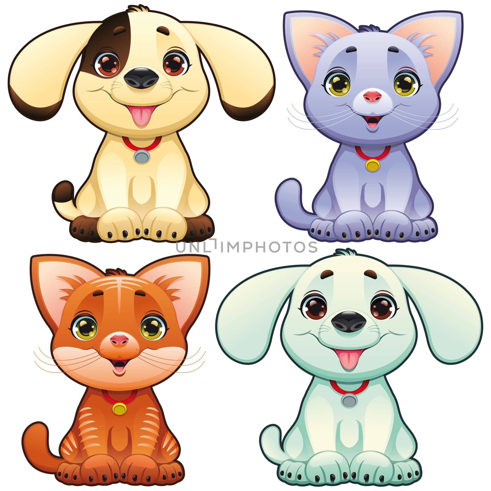 Cute dogs and cats. Funny cartoon and vector animal characters, isolated objects.