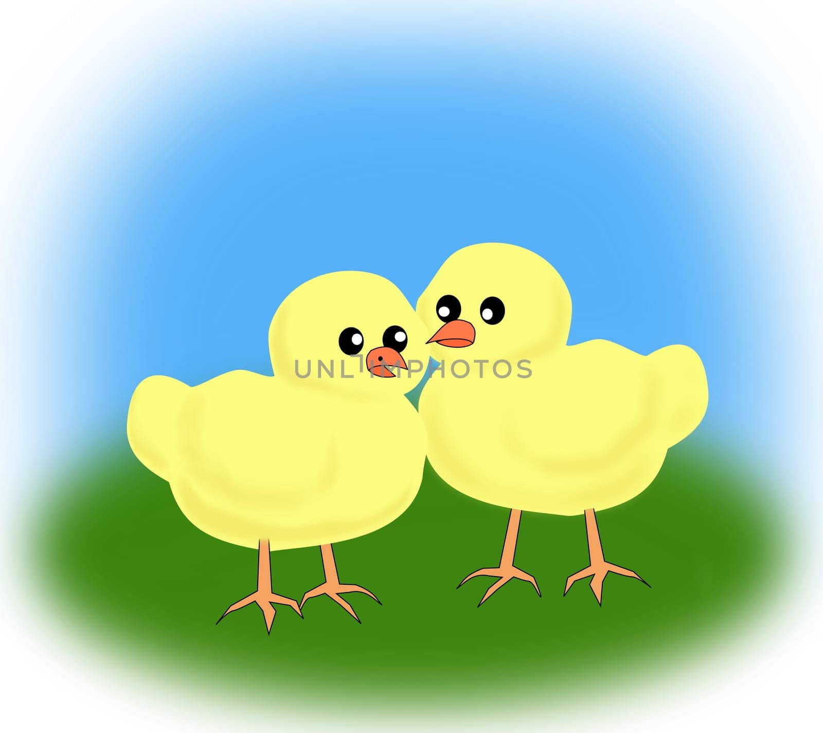 Two chickens that are close together and     appear to talk.