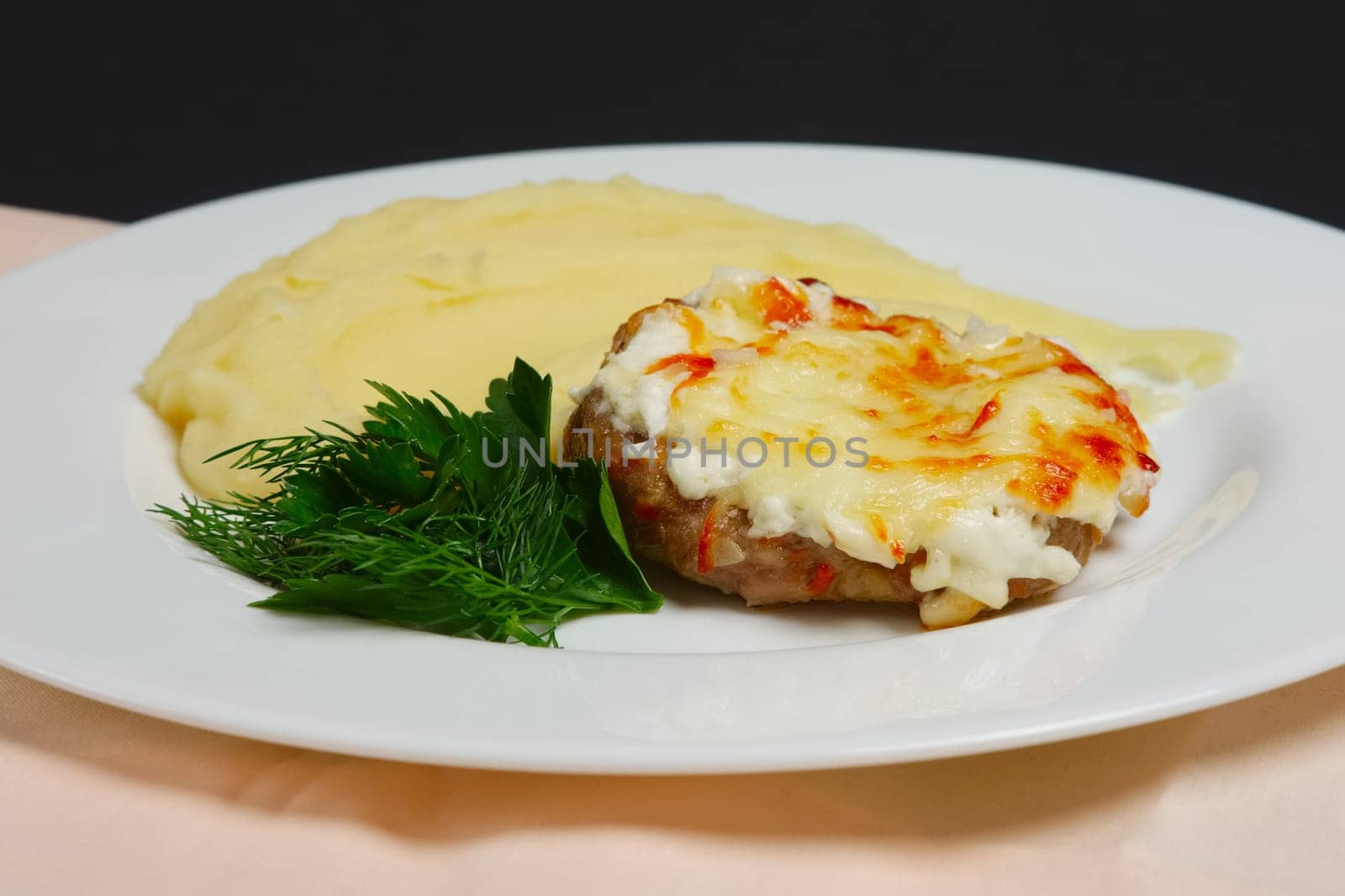 Plate with meat cutlet with cheese and mashed potato