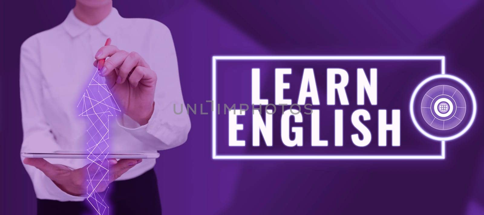 Hand writing sign Learn English, Business idea Universal Language Easy Communication and Understand