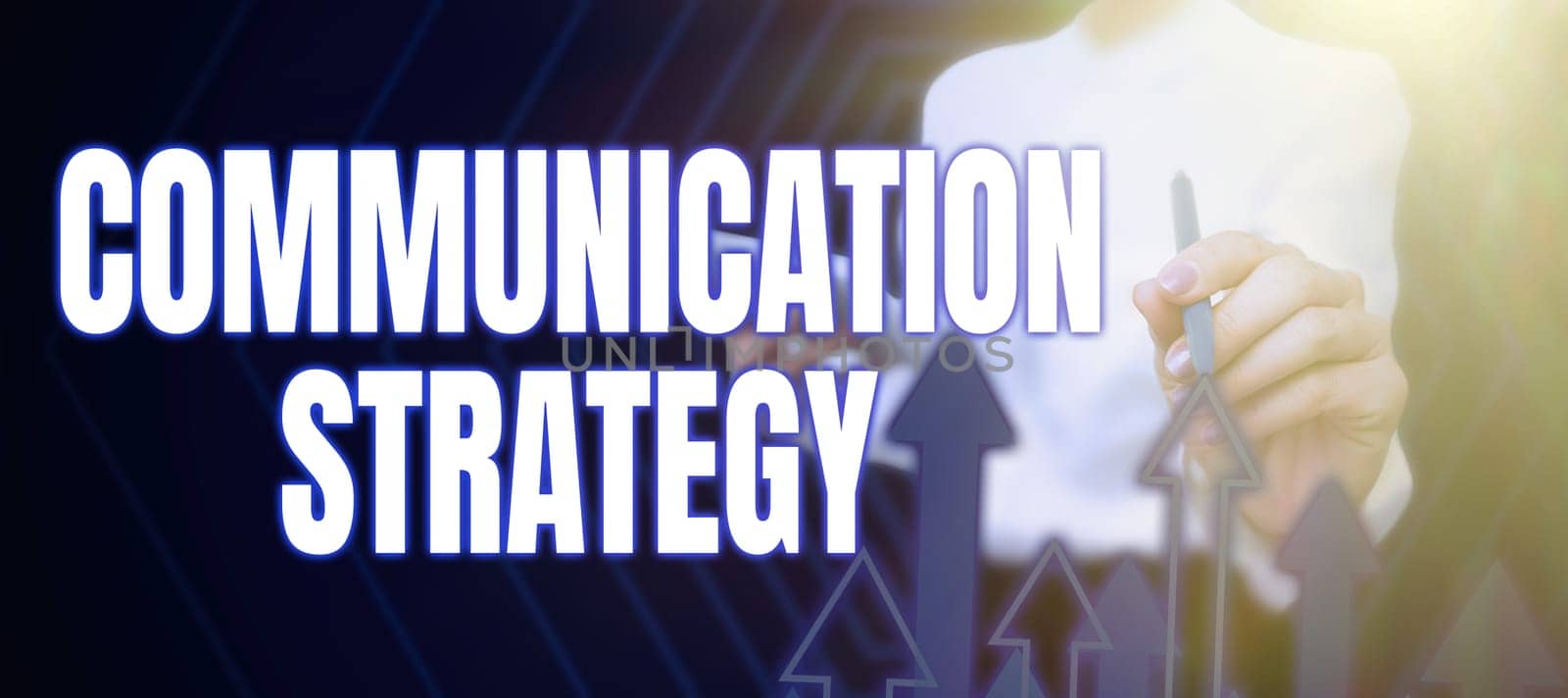 Hand writing sign Communication Strategy, Business showcase Verbal Nonverbal or Visual Plans of Goal and Method