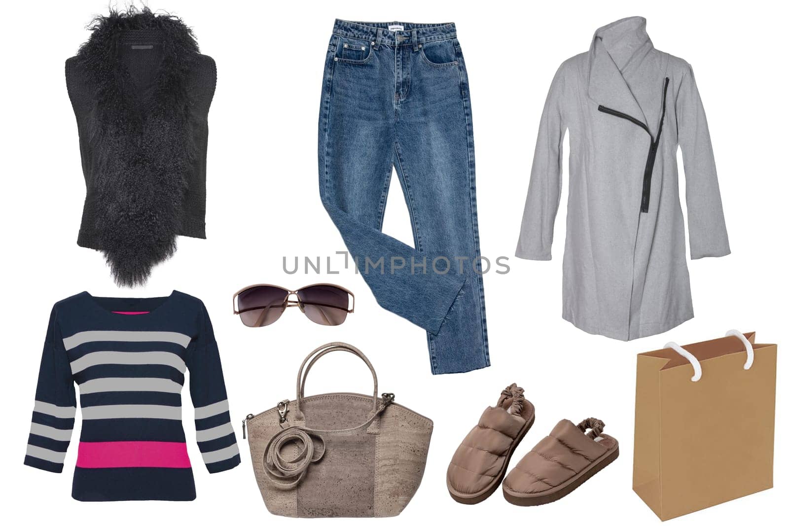 Collage woman clothing. Set of a stylish and trendy waistcoat with fur, shoes, a blouse or shirt, jeans,  handbag and paper bag and accessories isolated on a white background. Latest fashion trends.