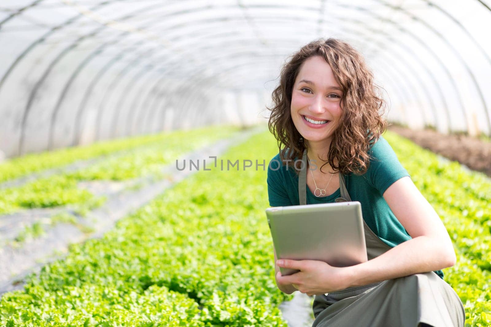 View of an attractive farmer in a greenhouse using tablet