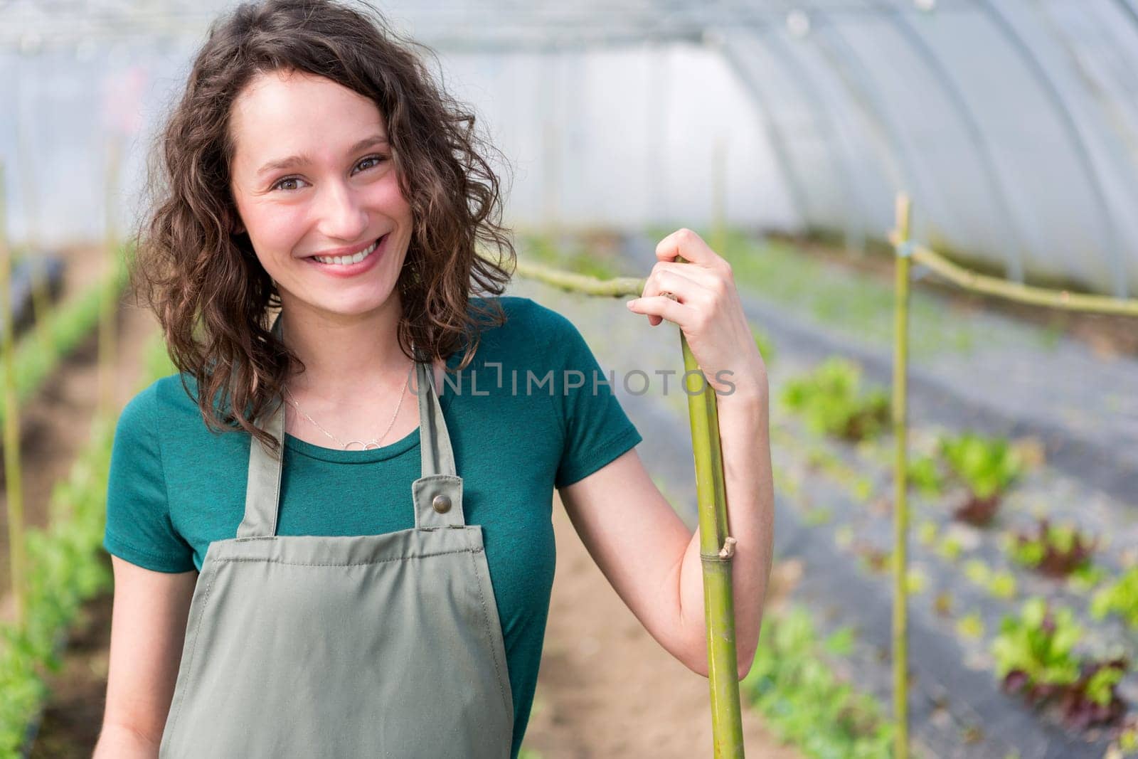 View of an attractive farmer in a greenhouse