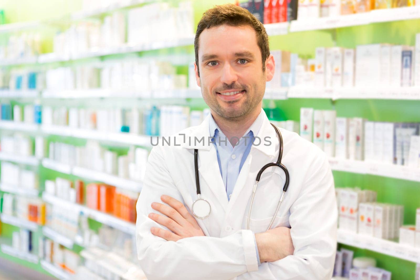 View of an attractive pharmacist at work
