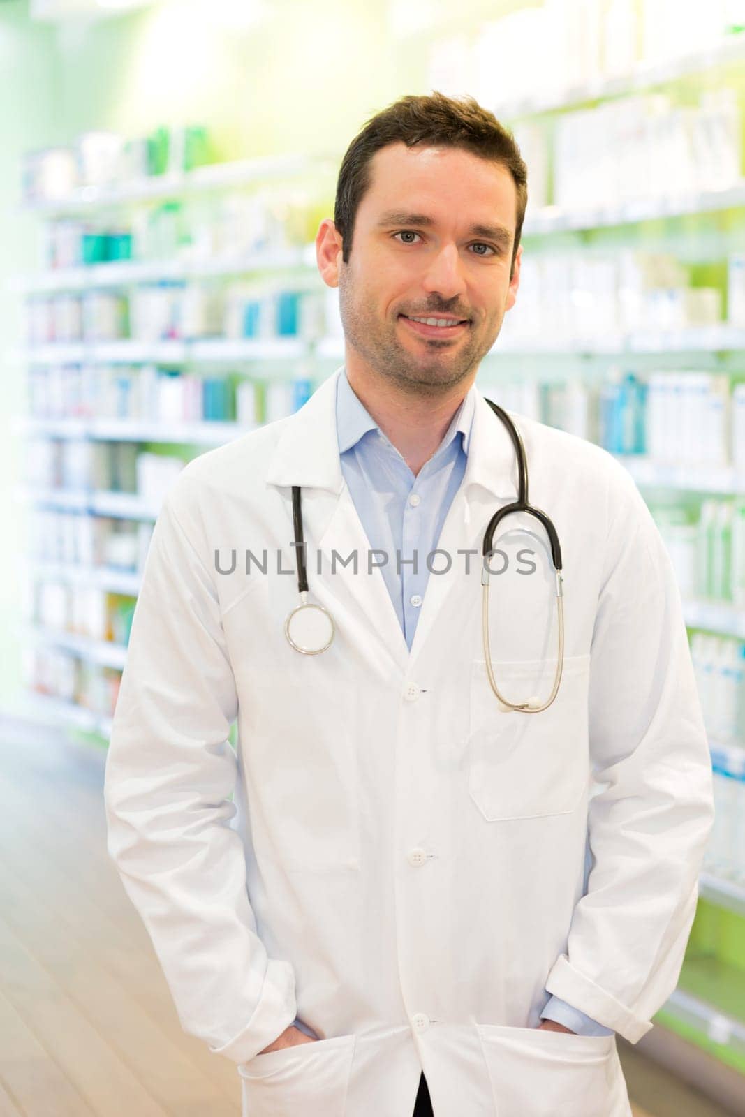 View of an attractive pharmacist at work