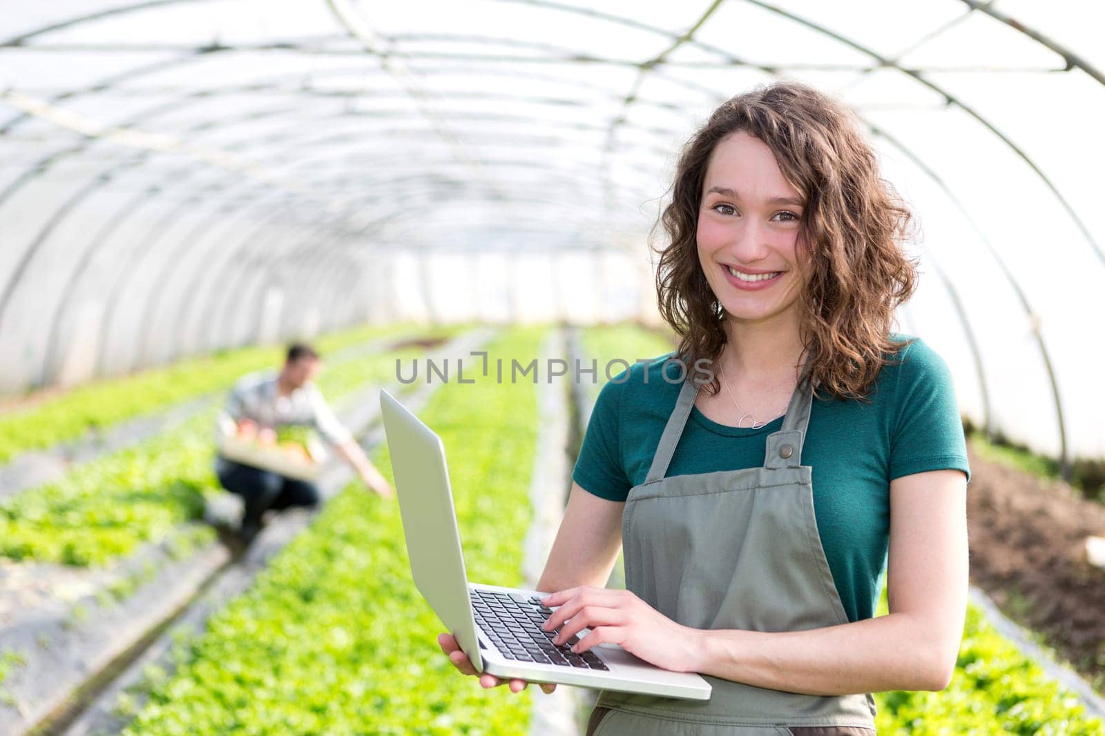 View of an attractive farmer in a greenhouse using laptop