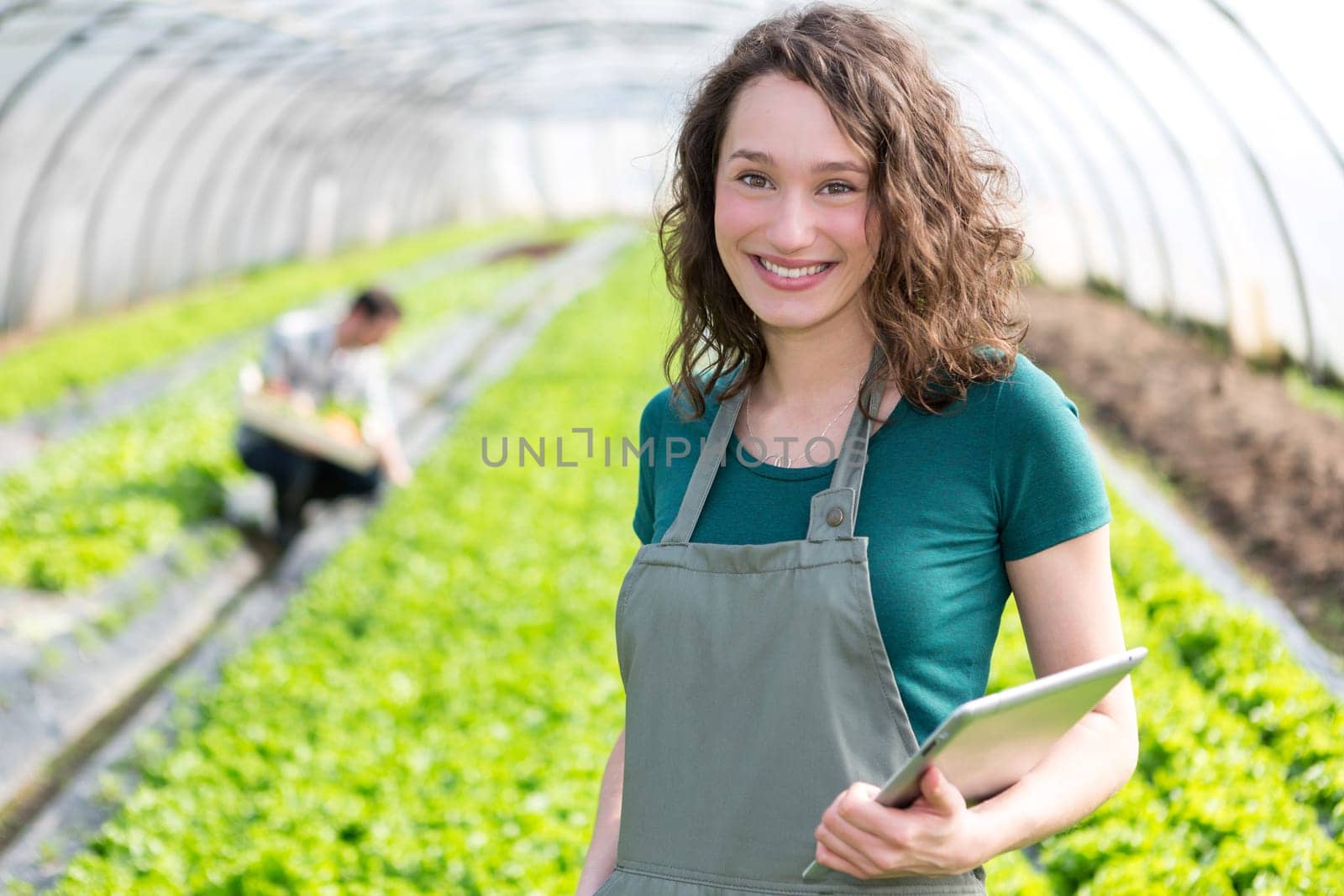 View of an attractive farmer in a greenhouse using tablet