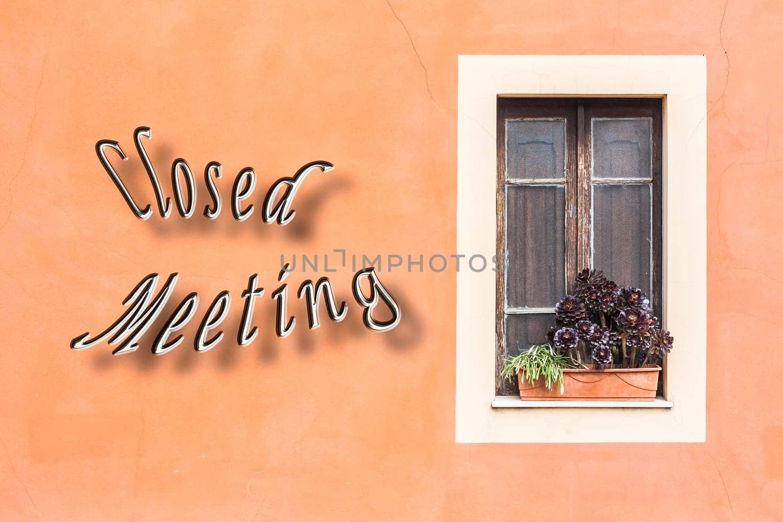 Closed window with planter  and orange wall, with written "Closed Meeting"""