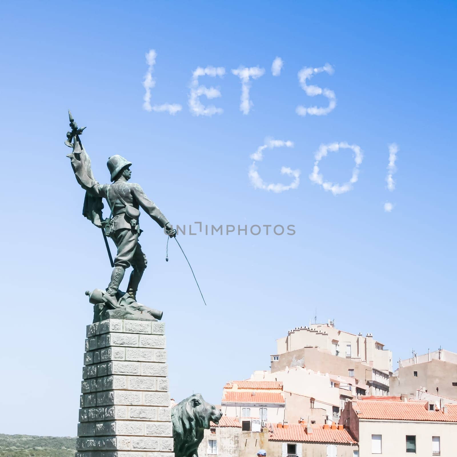 Forward troops  let's board! Metaphor with written with cloud text